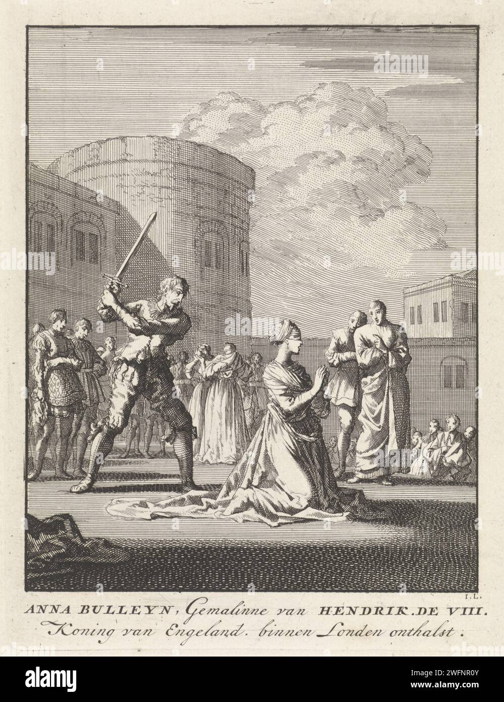 Enthauptung von Anna Boleyn, 1536, Jan Luyken, 1699 Druck Königin Anna Boleyn, verbunden und kniend auf dem Gerüst. Der Henker ist bereit, sie zu enthaupten. Im Hintergrund der Turm. Amsterdamer Papierätzung auf das Gerüst oder den Hinrichtungsort. Gewaltsamer Tod durch Enthauptung des Tower of London Stockfoto