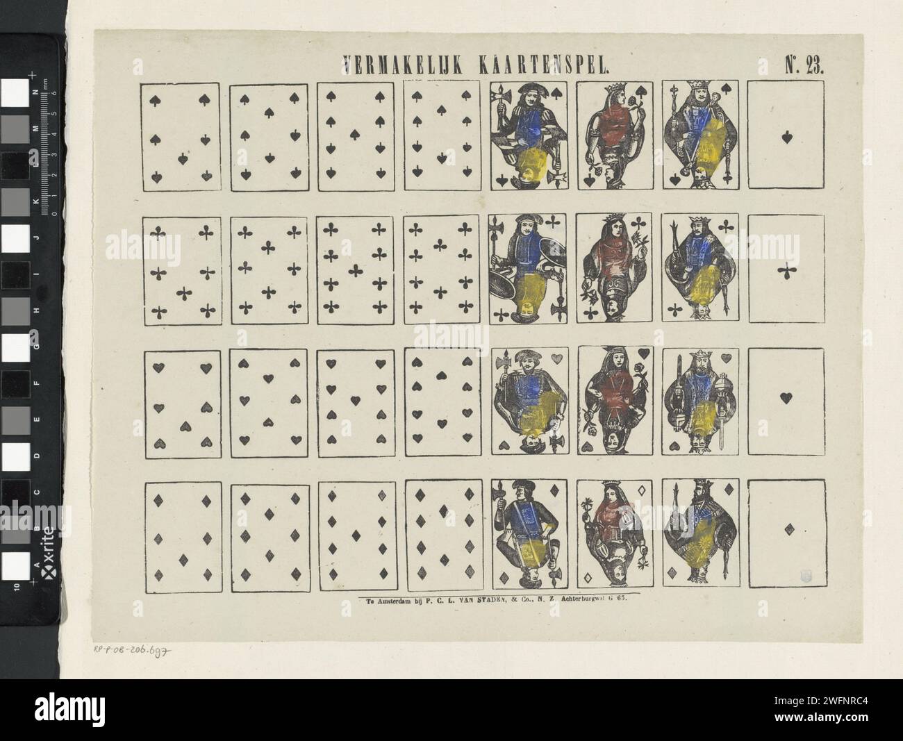 Unterhaltsames Kartenspiel, 1850 - 1870 Druck. Kartenspiel Blatt mit 32 Spielkarten zum Ausschneiden. Rechts oben nummeriert: Nr. 23. Verlag: Amsterdamprint Maker: Niederlande Papier Buchdruck Spielkarten Stockfoto