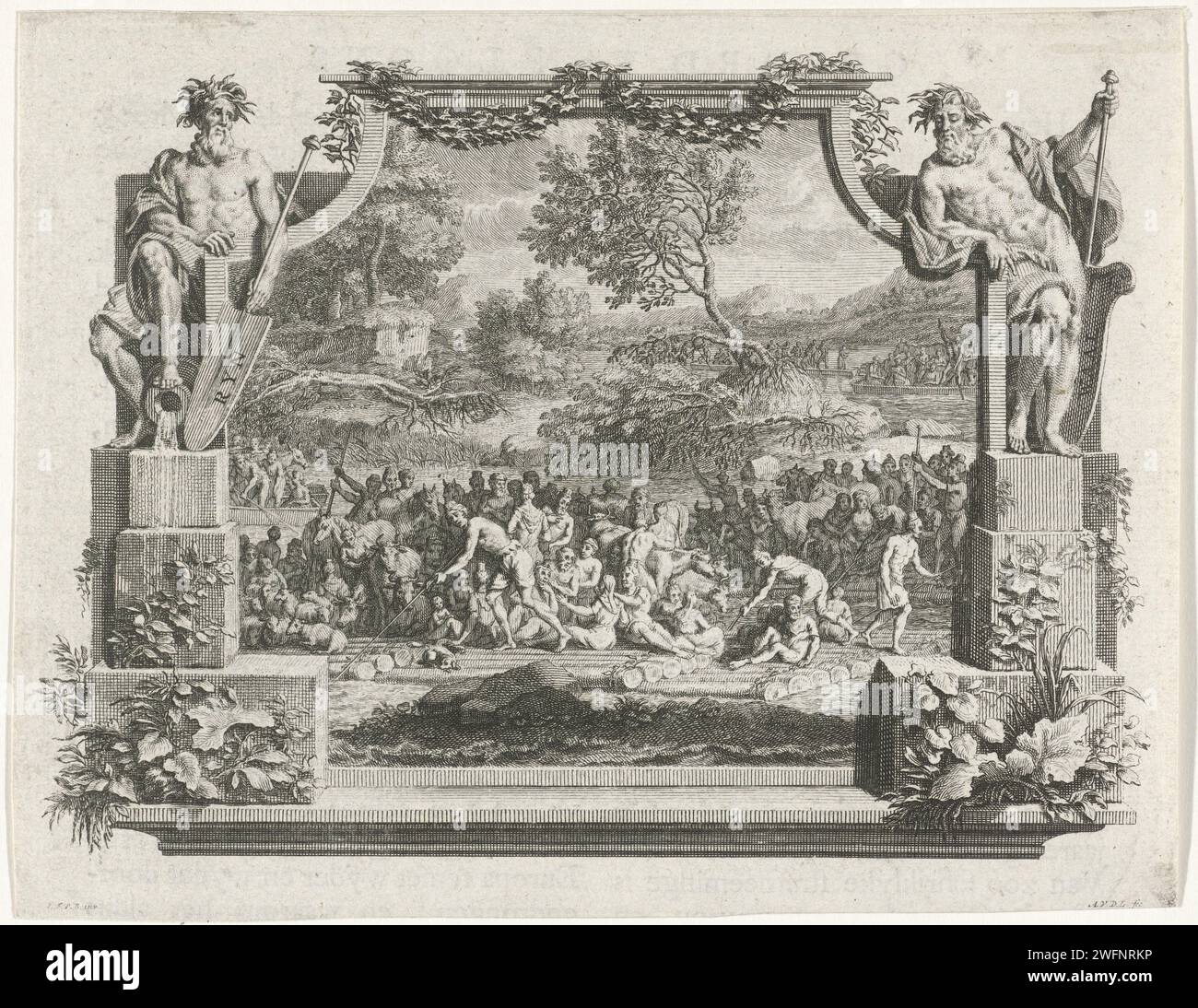 Rheinflut und de Waal, Adolf van der Laan, nach Louis Fabritius Dubourg, 1734 Print Ansicht einer überfluteten Landschaft, in der Figuren und Tiere auf Flößen und Booten im Wasser schweben. Die Show wird von einer architektonischen Begleitung mit den Flussgöttern Rhein und Waal links und rechts begleitet. Papierätzflut. Floß. flussgötter Stockfoto