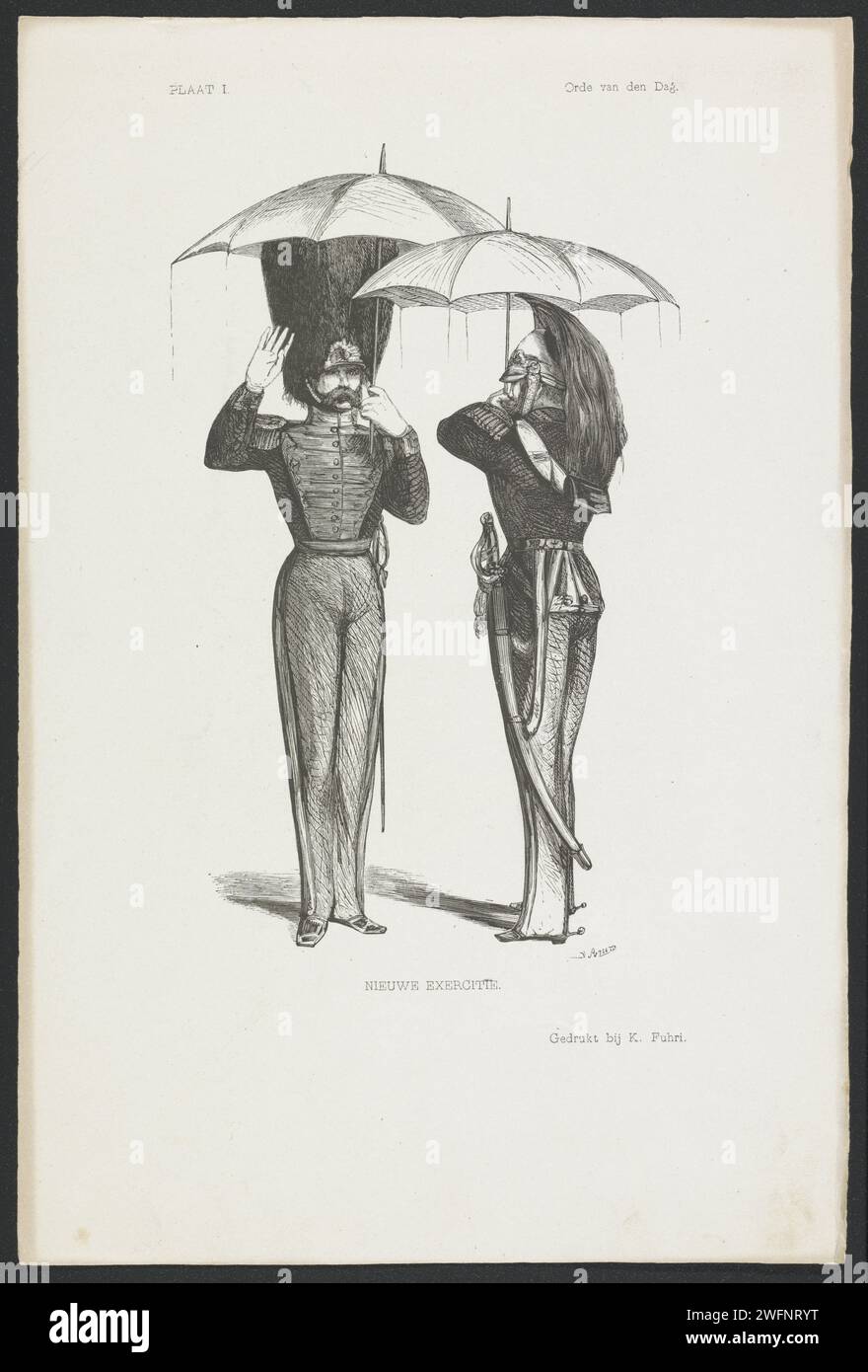 Neue Übung, Rombertus Julianus van Arum, 1847 drucken zwei Soldaten mit nassen Regenschirmen begrüßen sich. Druckerei: Amsterdamprinter: Der Haager Buchdruck für militärische Grußdrucke. Regenschirm Stockfoto