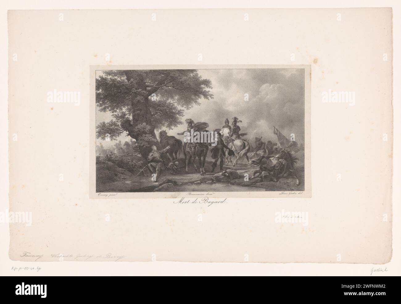 Dood van Pierre Terrail, Herr von Bayard, Jean-Louis Gudin, nach Taunay, 1822 Druck Paris Papier. Sterben. Gewalttätiger Tod, getötet werden; falsch gehandhabt und misshandelt werden; Tod suchen - EE - Tod nicht sicher; Verwundete Person. Historische Personen Stockfoto