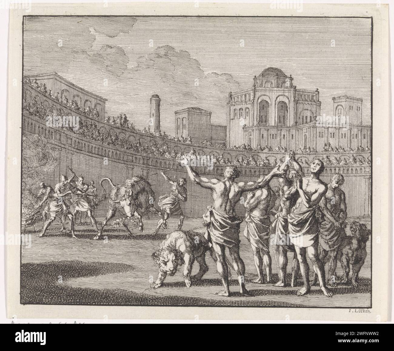 Frühchristliche Märtyrer in einer römischen Arena, Jan Luyken, 1701 drucken Eine römische Arena mit ein paar frühchristlichen Märtyrern im Vordergrund. Ein paar Löwen um die Christen herum. Im Hintergrund versuchen Soldaten, den Christen einen Stier mit heißen Poker-Eisen zu zeigen. Amsterdamer Papier, in dem die frühchristlichen Kirchen, z.B. Armenier, Kopten, Syrer, geätzt werden. Bull. Raubtiere, Raubtiere: Löwe. Märtyrer (oft mit Palmzweigen) Stockfoto