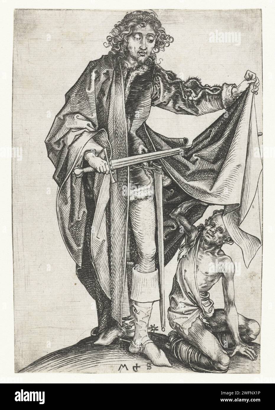 Heiliger Maarten, Martin Schongauer, ca. 1470 – 1491 Druck der Heilige Maarten schneidet dem schlecht geschlagenen Mann an den Füßen einen Teil seines Mantels mit seinem Schwert ab. Deutschland Papierstich St.. Martin teilt seinen Mantel (d.h. die Wohltätigkeit der St.) Martin): Er wird normalerweise zu Pferd gezeigt, schneidet seinen Mantel mit seinem Schwert ab oder legt einen Teil des Mantels um die Schultern eines Bettlers, der neben ihm kniet Stockfoto