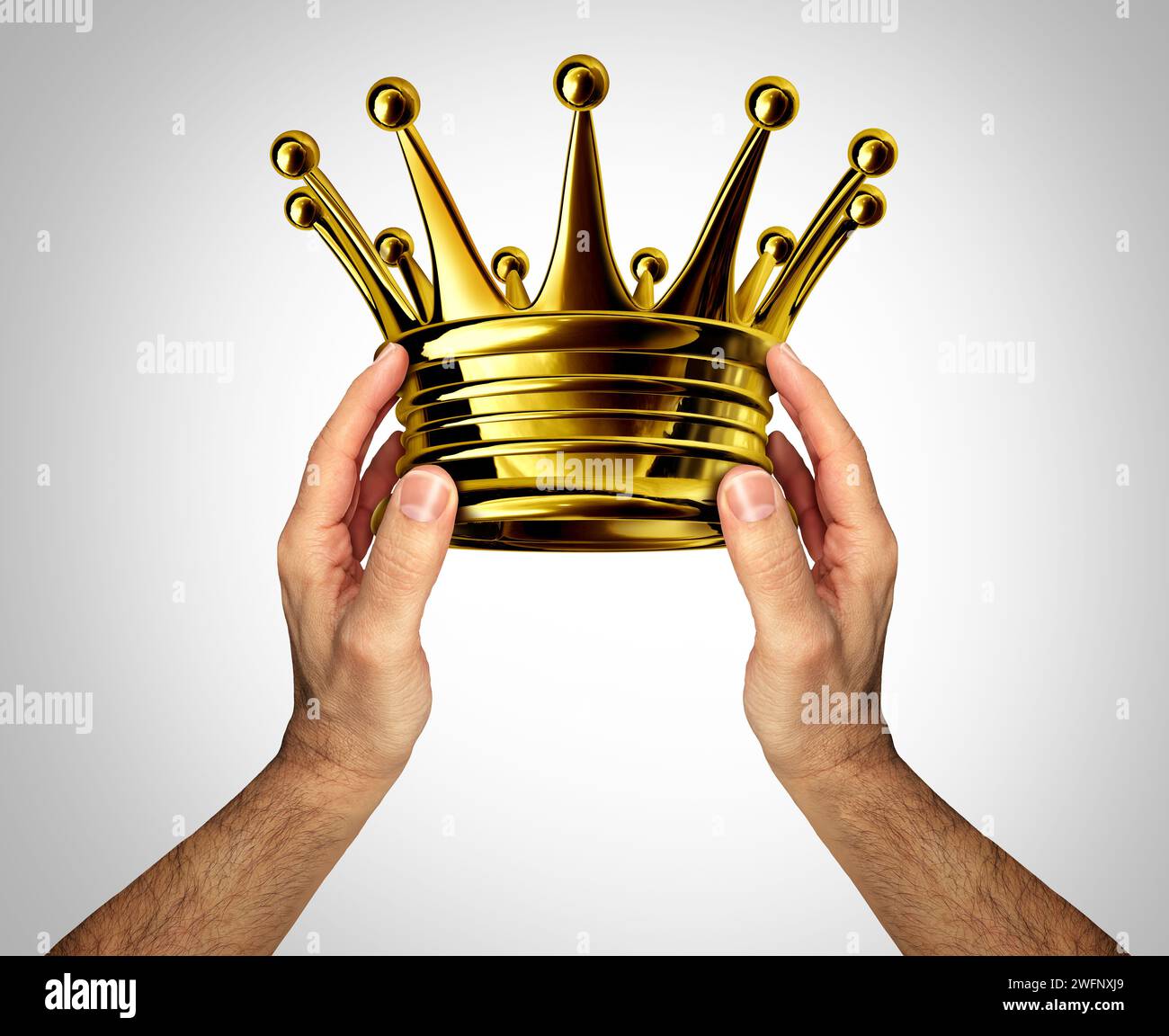 Krönung der Krönungskrone als Person, die ein goldenes oder goldenes Kopfstück als Ehre für Könige und Reichtum als Monarchenpreis verleiht oder vergibt Stockfoto