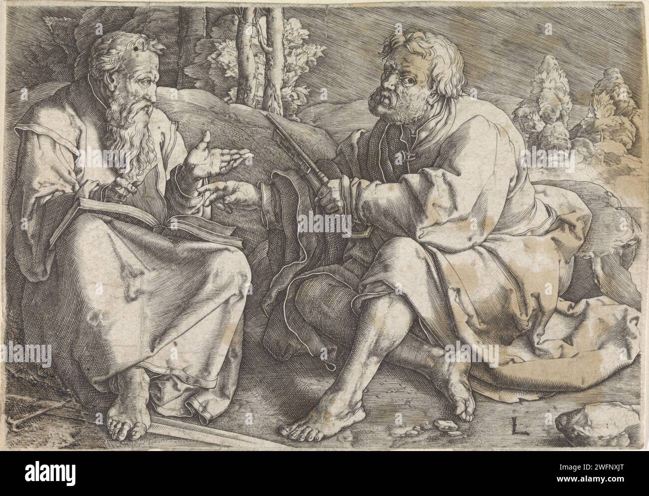 Paulus und Petrus, Jan Harmensz. Muller (abgelehnte Attribution), nachdem Lucas van Leyden, 1600–1699 Paul mit einem Buch auf seinem Schoß druckte, und Peter, mit einem Schlüssel, in einer Landschaft miteinander diskutieren. Druckerei: Amsterdamprint Hersteller: Niederlande Papierstich Paul und Peter streiten in Antiochia (Galater 2:11-14) Stockfoto