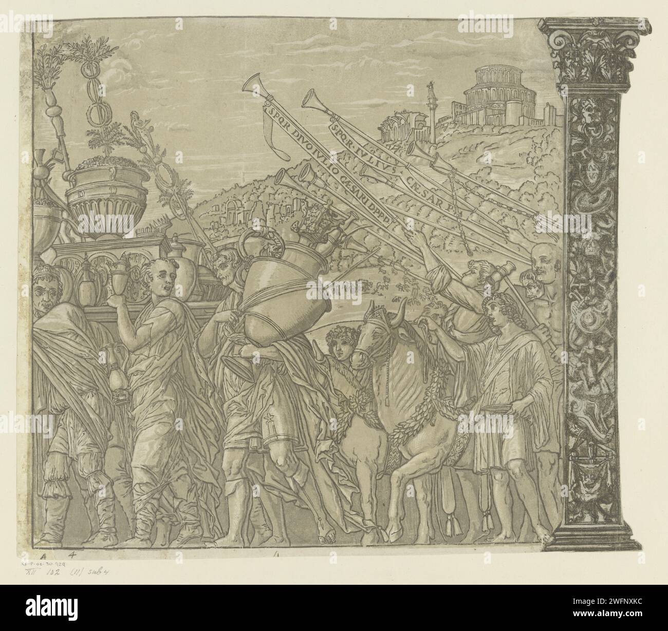 TRIOMFTOCHT van Julius Caesar, Andrea Andreani, nach Bernardo Malpizzi, nach Andrea Mantegna, 1599 Druckerei: Italien Zeichnung von: MantuaAfter Malerei von: Mantua Papier Triumph von Caesar. Horn, Trompete, Kornett, Posaune, Tuba Stockfoto