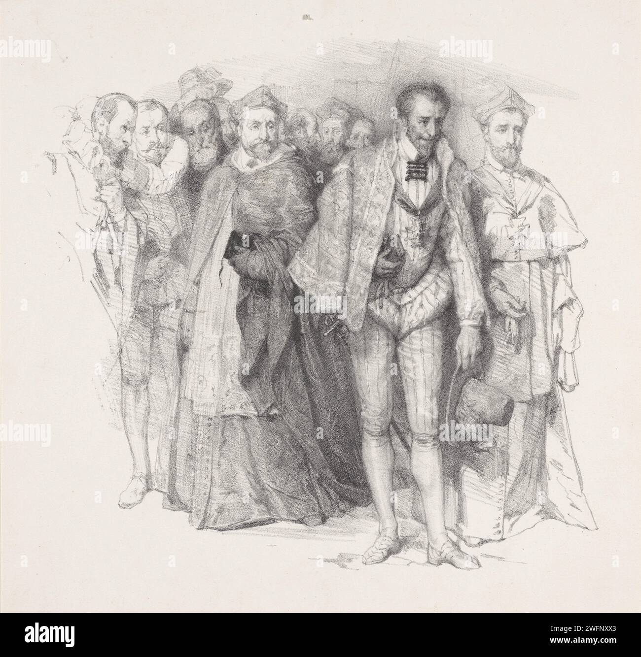 Edelmann mit hohen Geistlichen und Höflingen, August Allebé, nach Pierre-Charles Comte, 1855–1927 Druck Ein Adliger im 16. Jahrhundert Frans Hofstuum nimmt seinen Hut zur Begrüßung. Einführung in das Amsterdamer Papier. gerichtszeremonie, Gerichtsetikette. kardinal. Militante Missionierung: Religiöser Krieg, Kreuzzug usw. Paris Stockfoto