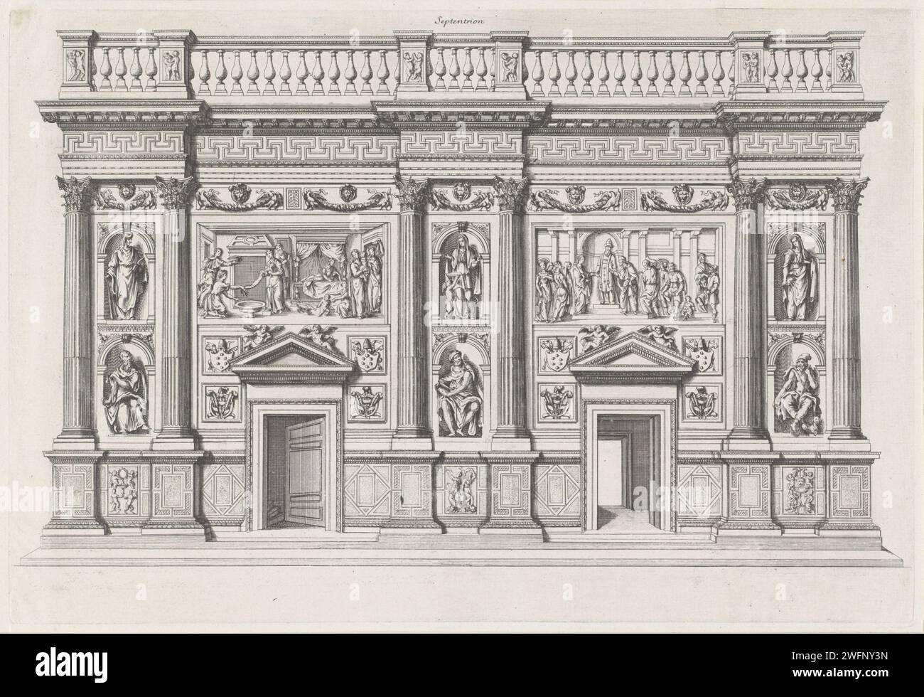 Heilige Huis van de Jungfrau Maria, Septentrion Seite, Nicolas Cochin (zugeschrieben), 1649 Druck die Septentrion Seite des Marmor Renaissance-Gehäuses des Heiligen Hauses der Jungfrau Maria in der Basilica della Casa Santa in Loreto. Das Gehäuse enthält Bilder und Reliefs von Andrea Sansovino, Ranieri Nerucci und Antonio da Sangallo, dem jungen Menschen. Das ganze wurde von Donato Bramante entworfen. Paris Papier, das Teile des Kircheninnenraums Loreto graviert. Basilika des Heiligen Hauses Stockfoto