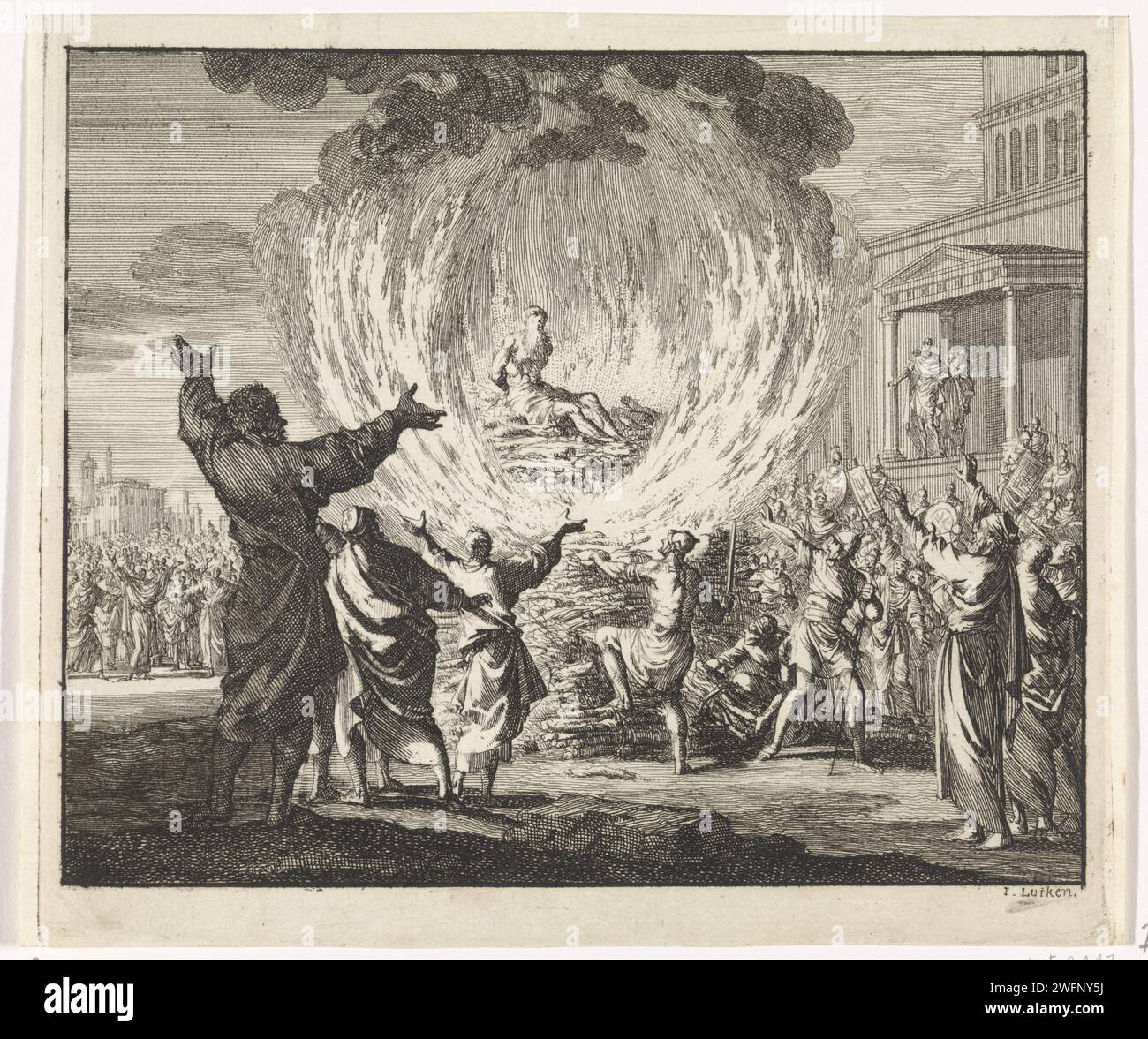 H. Polycarpus wird auf einem Pfahl platziert, aber die Flammen brennen es nicht, Jan Luyken, 1701 Druck der H. Polycarpus aus Smyrna ist auf einem Pfahl. Um ihn herum Flammen, die ihm weichen. Amsterdamer Papier, in dem die frühchristlichen Kirchen, z.B. Armenier, Kopten, Syrer, geätzt werden. Männliche Heilige (mit NAMEN). Gewalttätiger Tod durch Verbrennung auf dem Scheiterhaufen; Pyre - EE - Tod nicht sicher; Verwundete Stockfoto