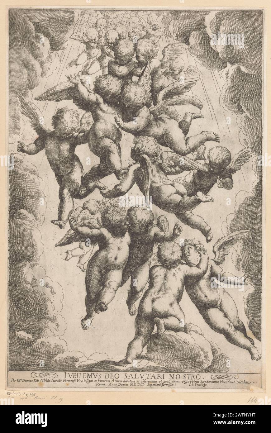 Engelen in Glories, Guido Reni, nach Luca Cambiaso, drucken 1607 Eine Gruppe von schwimmenden Putten, umgeben von Wolken. Titel in lateinischer Sprache in STUDMARGE. Druckerei: Italien Zeichnung von: ItalienVerlag: ItalienVaticaanstadItalien Papierätzung Cupids: 'Amores', 'Amoretti', 'Putti' Stockfoto