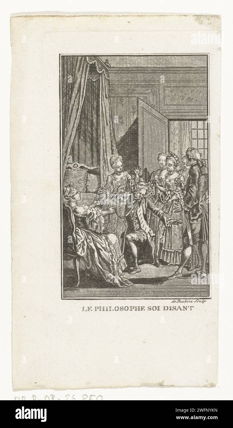 Clarissa in de Filosoof, N. de Boubers, nach Hubert Francois Gravelot, nach 1765 - ca. 1780 Druckillustration für die Geschichte „Le Philosophe Soi disant“ aus J.F. Marmontels Erzählsammlung „Contes Moreaux“. Eine junge Dame, Clarissa, ist in einem Raum und empfängt einen Mann, der sich als Philosoph präsentiert. Printmacher: Unbekannt Design von: Paris Gelehrter in Papiergravur, Philosoph (+ Fälschung, Fälschung, Fälschung  Wissenschaften) Stockfoto