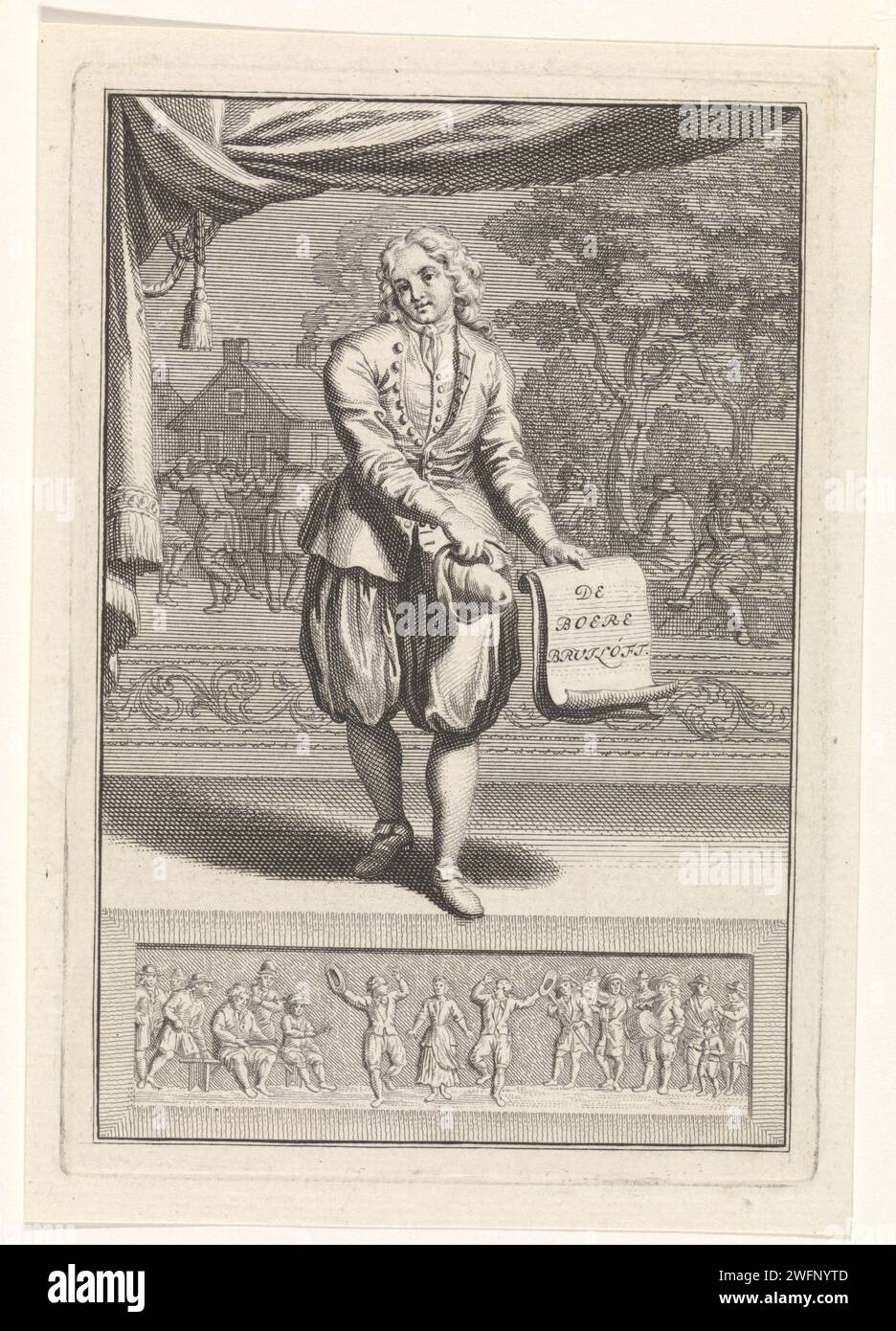 Eine Figur auf der Bühne präsentiert den Titel des Stücks, Bernard Picart (möglich), 1683 - 1733 Druck auf der Bühne ist eine Figur, die auf ein Blatt Papier verweist, auf dem der Titel des Stücks auf Niederländisch: 'De Boere Wedding'. Ein Bauerntanz im Hintergrund. Papier zum Ätzen/Gravieren der Bühne und ihrer Ausrüstung. Tanzen. Landwirte Stockfoto