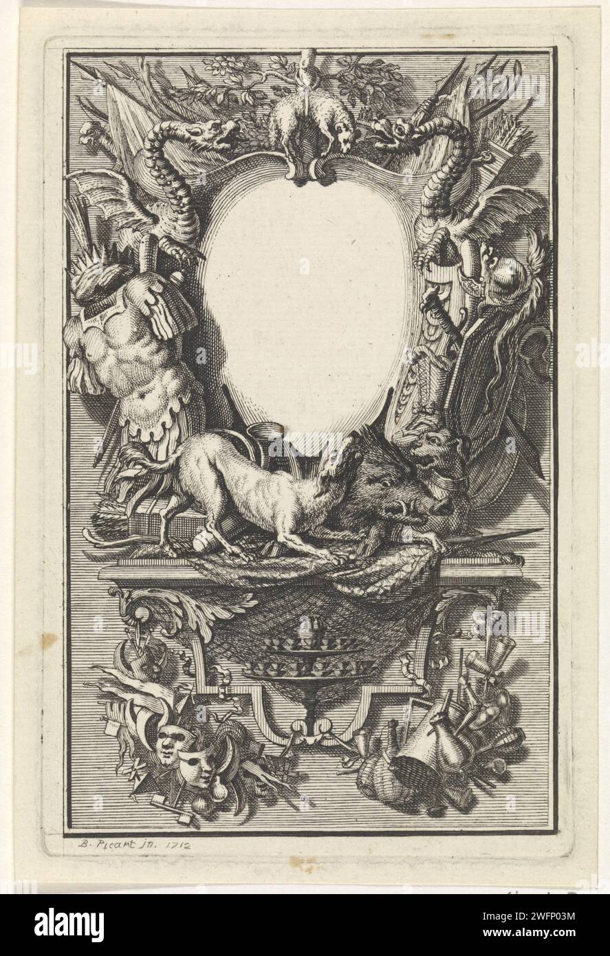 Titelseite für: J. B. Rousseau, Les oeuvres, 1712, Bernard Picart (Werkstatt), nach Bernard Picart, 1712 Druck üppig verzierter Rahmen mit leerer Kartusche. Die Kartusche wurde mit dem Anhänger des Ordens vom Goldenen Vlies ausgezeichnet. Amsterdamer Papierätzung / Gravur Trophäe, d. h.: Dekorative Anordnung symbolischer oder typischer Objekte  Ornament. Ornament  Kartusche. Ritterorden des Goldenen Vlies Stockfoto
