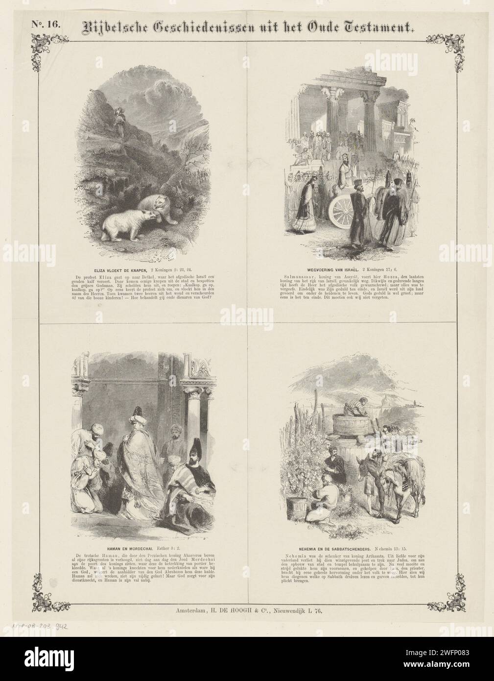 Biblische Geschichten aus dem Alten Testament, 1866 - 1871 Druck Blatt mit 4 Darstellungen von Geschichten aus dem Alten Testament. ELISA verflucht die schimpfenden Jungen, König Salmanassar nimmt HOODEA von Israel, Haman und Mordekai und Nehemia und den Sabbatschendern weg. Der entsprechende Bibeltext unter jedem Bild. Nummer oben links: Nr. 16. Amsterdam Papier Buchdruck Altes Testament. Zwei Bären kommen aus dem Wald und zerreißen die Kinder, die Elisha verspottet haben. Geschichte von Hoshea, König von Israel (2. Könige 17:1-4). Die Geschichte von Esther Stockfoto