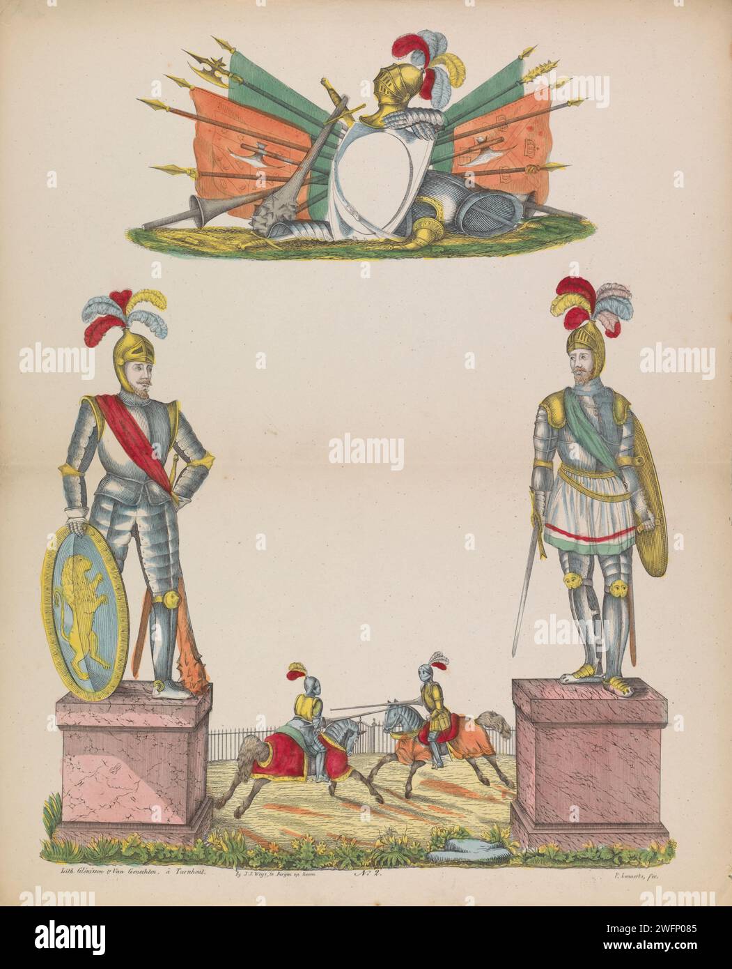 Wunschbrief mit Ritterturnier, 1833 - 1856 Druck Wunschbrief mit ungeschriebener Kartusche im dekorativen Rahmen mit Aufführungen von Rittern, Waffen, Fahnen und einem Ritterturnier. In der Mitte nummeriert: Nr. 2. Verlag: Turnhout Verlag: Bergen op Zoom Paper Knight. Bügel, Kippen Stockfoto