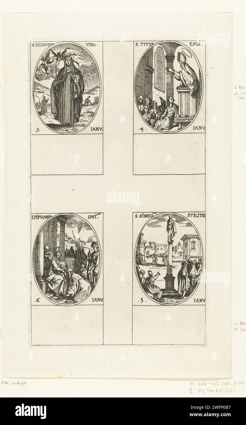 Heilige Genovefa, Heiliger Titus, Heiliger Simon de Styliet, Anbetung durch die Weisen (drei Könige) (3-6. Januar), Jacques Callot, 1632 - 1636 Druckbogen mit vier ovalen Darstellungen, jede mit Inschrift und Datum in lateinischer Sprache: oben links im Heiligen Genovefa, dessen Kerze von einem Teufel ausgeblasen und von einem Engel angezündet wird, direkt über dem heiligen Titus, der seine Kirchenbesucher von einer Kanzel aus anspricht, unter Simon de Styliet, der auf einer Säule steht, unten links die drei Weisen aus dem Osten, die der neugeborene Christus Geschenke anbieten kann. Dieser Druck ist Teil einer Druckserie mit Darstellungen der Heiligen und des Chris Stockfoto