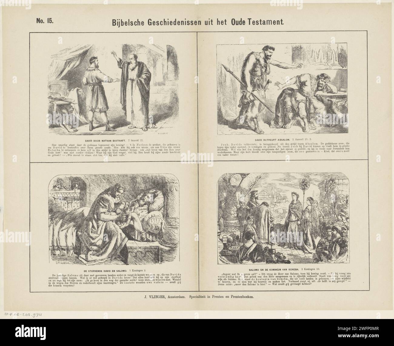 Biblische Geschichten aus dem Alten Testament, 1871 - 1908 Druck Blatt mit 4 Darstellungen von Geschichten aus dem Alten Testament. David wird von Natan bestraft, David trauert um seinen Sohn Absalom, den sterbenden David, der mit seinem Sohn Salomo an seiner Seite und Salomo und der Königin von Seba im Bett liegt. Der entsprechende Bibeltext unter jedem Bild. Oben links nummeriert: Nr. 15. Amsterdam Papier Buchdruck Altes Testament. David wurde von Nathan gepredigt. David trauert um Absaloms Tod. Davids Anweisungen an Salomon. Salomo und die Königin von Saba (1 Könige 10:1-3; 2 Chroniken 9:1-9) Stockfoto