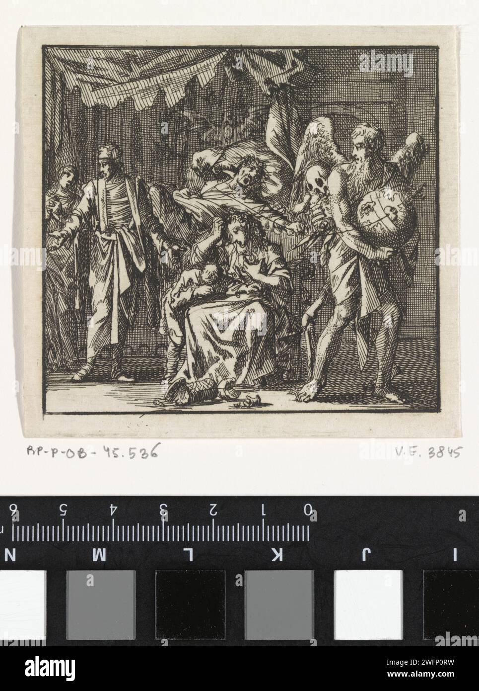 Der Tod ist dabei, den Faden eines sterbenden Mannes zu schneiden, der versucht, ihn aufzuhalten, Jan Luyken, 1710 Druck Amsterdam Papier ätzt Tod als Skelett - FF - Tod als Frau. Vater Zeit, Mann mit Flügeln und Sense. Sterben Stockfoto