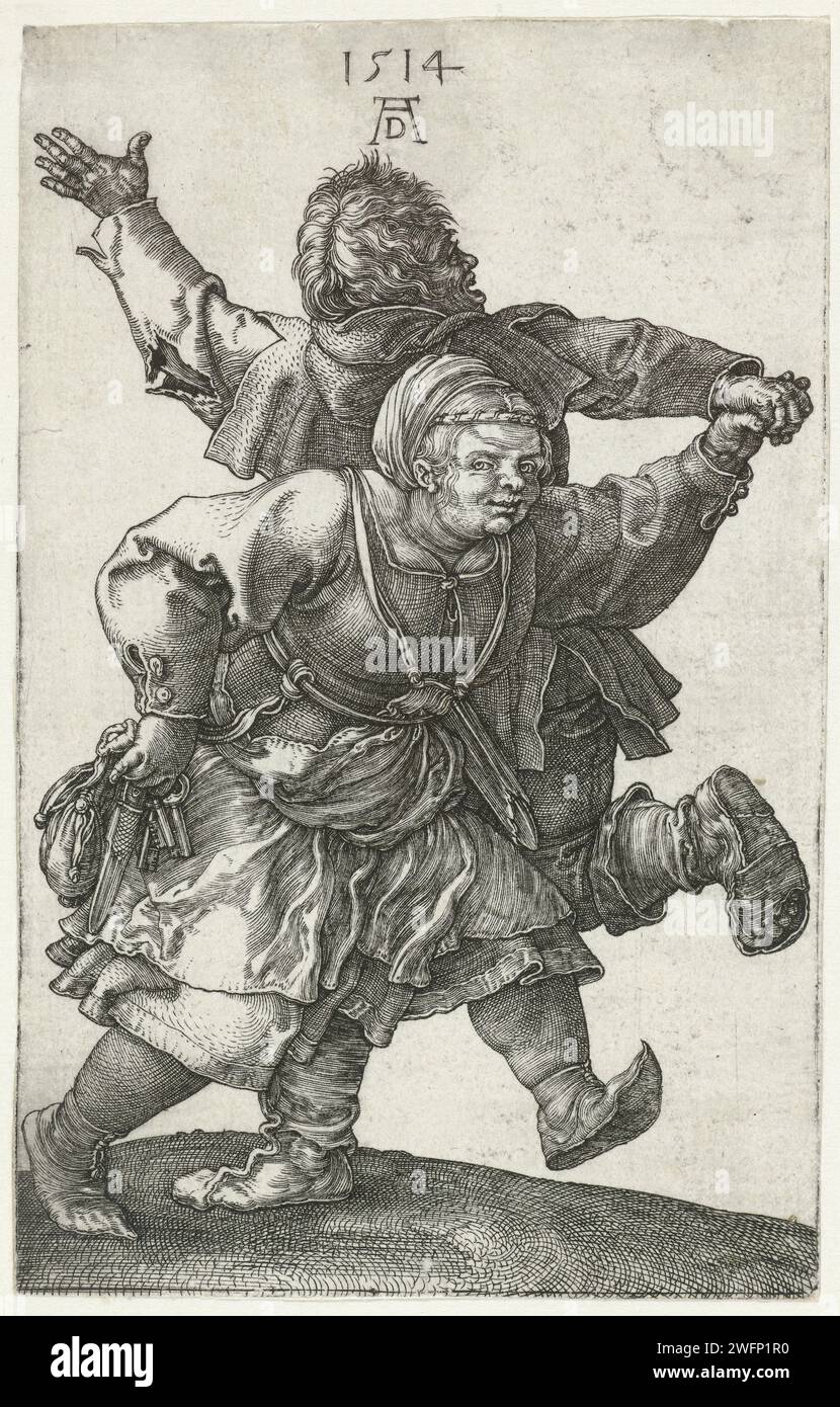 Dancing Boerpaar, Albrecht Dürer, 1514 drucken Ein Bauer und eine Bäuerin tanzen Hand in Hand. Nürnberger Papiergravurbauern. Ein Paar tanzt, Mann und Frau tanzt als Paar Stockfoto