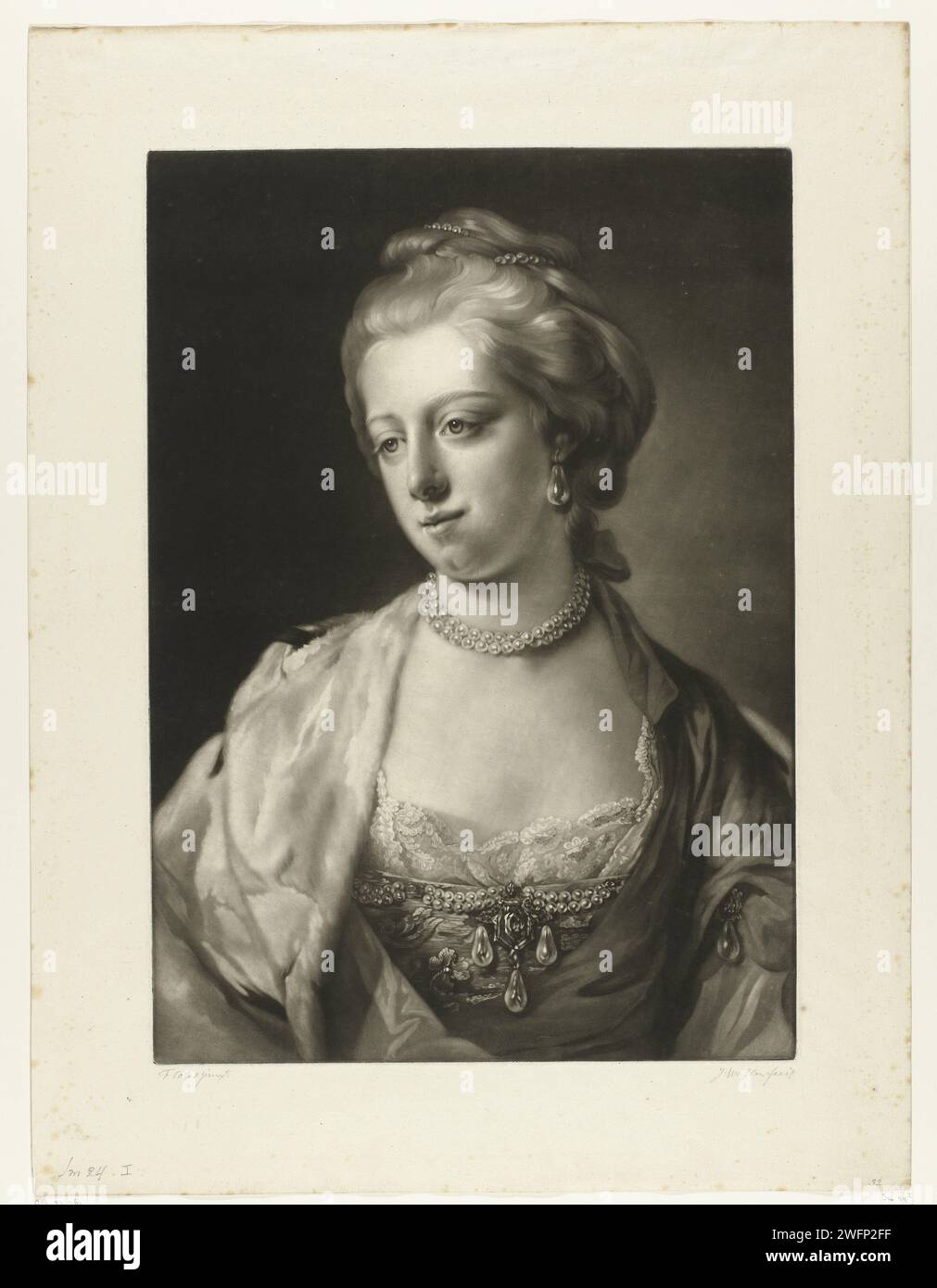 Porträt von Caroline Mathilde van Wales, James Watson (Druckerei), nach Francis Cotes, 1766 - ca. 1770 Druckpapier historische Personen - BB - Frau. perle; Perlenkette Stockfoto