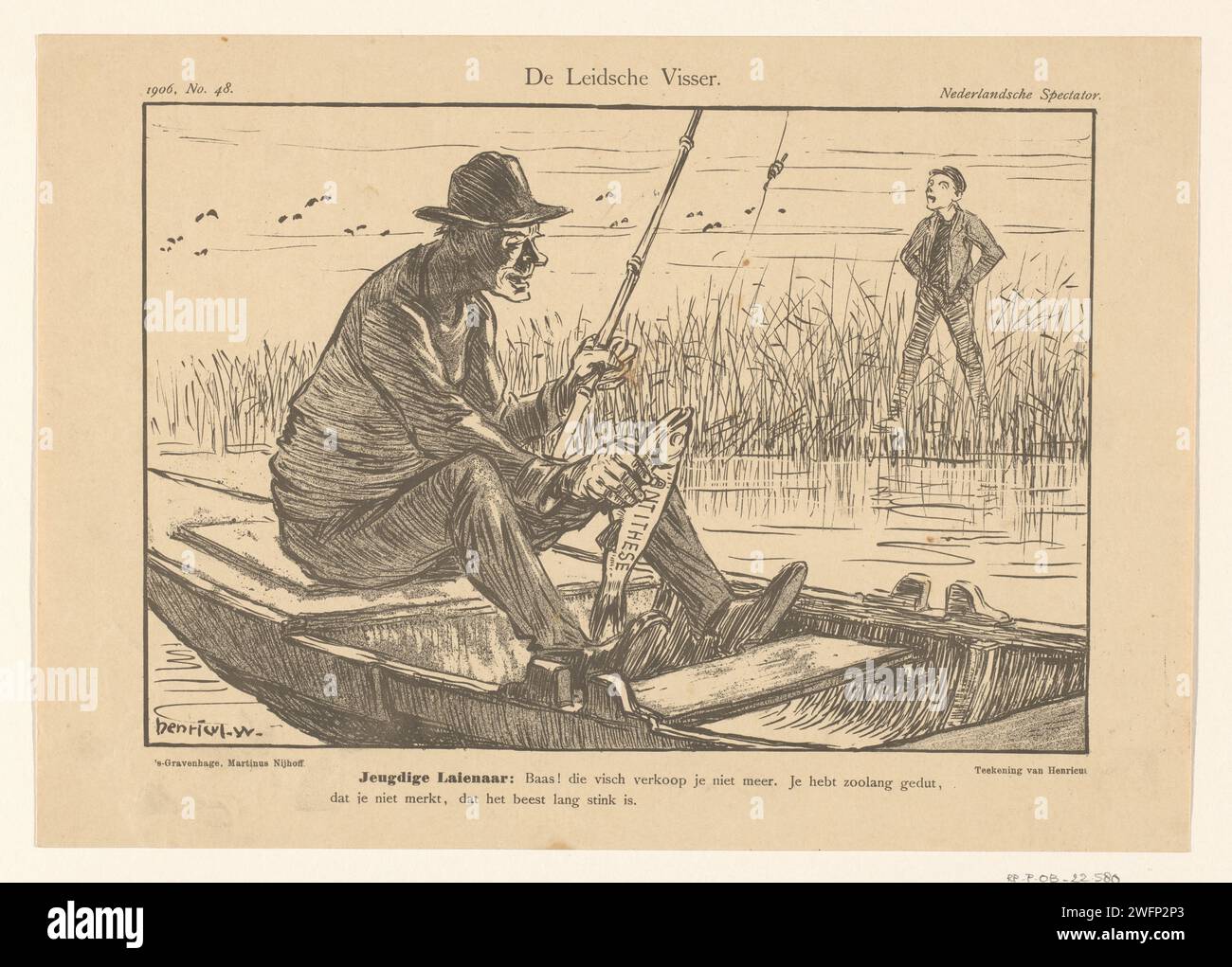 Cartoon mit einem Leidener Fischer, Henricus, Henricus, 1906 Print Ein Leidener Fischer ist in einem Boot auf einem Fluss und hält einen Fisch, auf dem das Wort „Gegenthese“ steht. Im Hintergrund ein Junge mit den Händen in den Taschen am Wasser. Das Haager Papier politische Karikaturen und Satiren. fischer. Fische Stockfoto