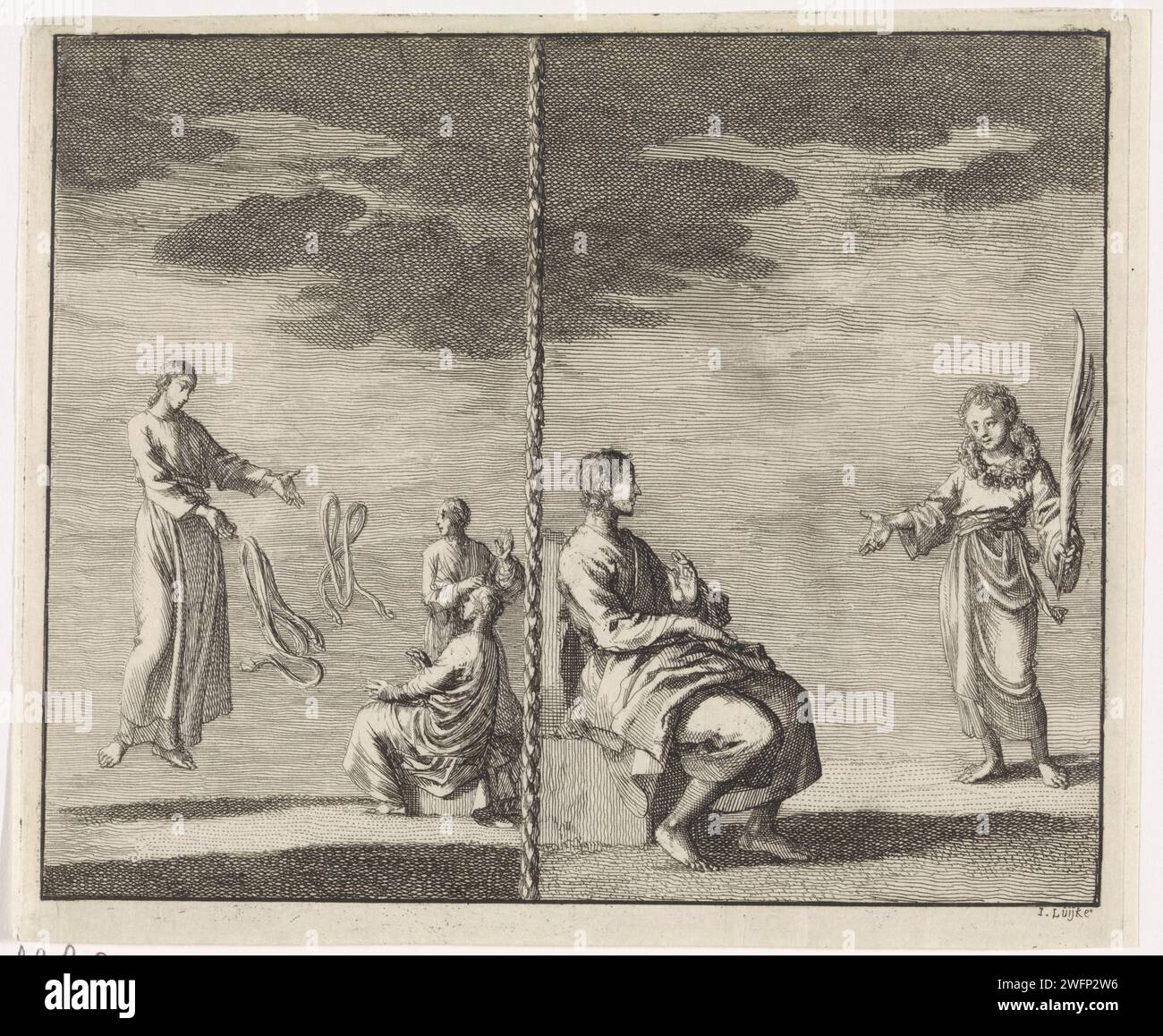 Visionen des Heiligen Jakob und des Heiligen Agapius, Jan Luyken, 1701 drucken zwei Aufführungen. Auf der linken Seite, St. Jakob bekommt eine Vision von einem Engel, der zwei Seile nach ihm wirft. Auf der rechten Seite, St. Agapius wird von einem Engel mit einem Palmenzweig genannt. Amsterdamer Papier, in dem die frühchristlichen Kirchen, z.B. Armenier, Kopten, Syrer, geätzt werden. Männliche Heilige (JAKOB). Vision. Engel Stockfoto