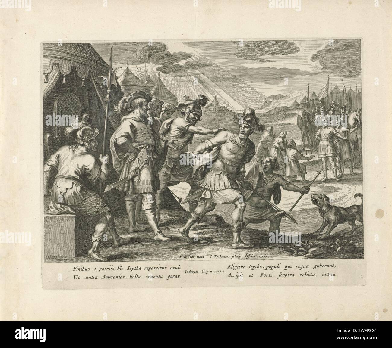 Jefta wird von seinen Brüdern, Nicolaes Ryckmans, nach Pieter de Jode (I), 1643 Abdruck für ein Armeezelt, Jefta, mit einem Spieß in der Hand, und sein Squire wird von seinen Brüdern verfolgt (Ri. 11,1-3). Jefta ist ausgeschlossen, weil er eine andere Mutter hat als seine Brüder. Der Amsterdamer Papierstich Jephthah, Sohn Gileads, wird von seinen Brüdern ausgestoßen, weil er der Sohn einer Hure ist (Richter 11:1-3). Hund Stockfoto