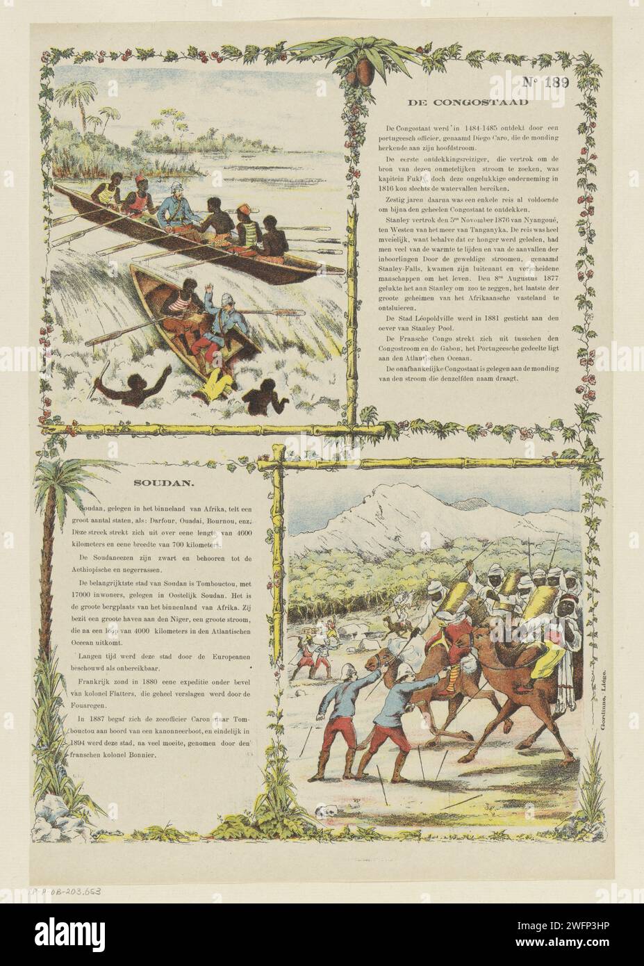 The Congostaad / Soudan, 1894–1959 Print Leaf mit zwei Aufführungen. Oben links eine Aufführung des Entdeckers Henry Stanley mit afrikanischen Männern in Ruderbooten auf den Boyoma-Wasserfällen (früher Stanley-Wasserfälle) im Kongo. Unten rechts eine Darstellung europäischer Soldaten im Kampf mit Kämpfern zu Pferd aus der Sahelzone (ehemals Sudan). Kurse oben rechts und unten links mit Beschriftungen. Das ganze ist von einem dekorativen Rand umgeben. Rechts oben nummeriert: Nr. 189. Shutter Papier Buchdruck Exploration, Expedition, Entdeckungsreise. Afrikaner. Der Soldat, der so Stockfoto