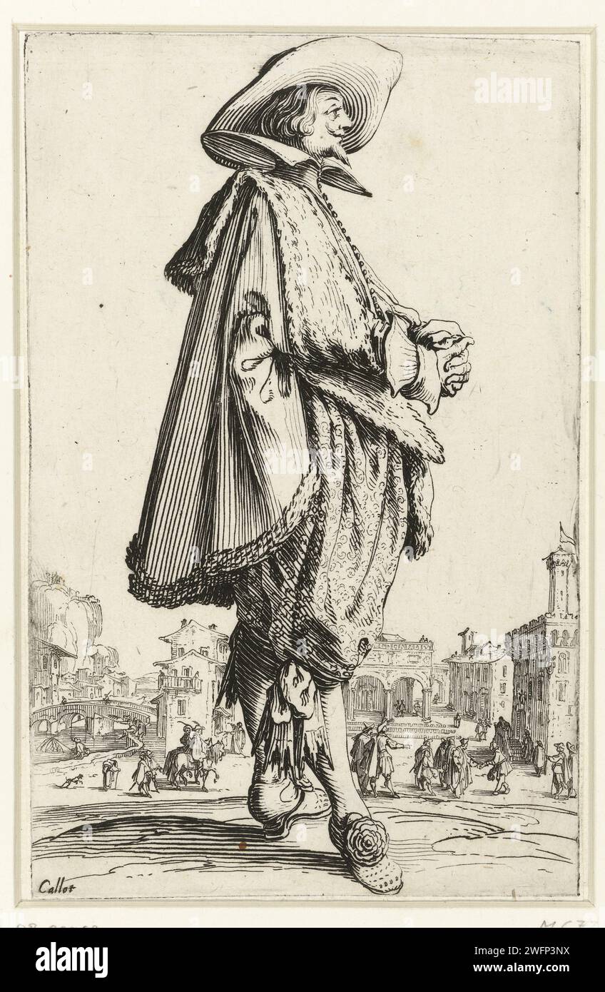 Der Adel Lothringens (der Adel Lothringens), Jacques Callot, 1620–1623 Standender Herr, gekleidet in ein mit Fell besetztes cape, Schuhe mit Rosetten an den Füßen, einen Hut mit breiter Kante am Kopf, faltete die Hände vor dem Bauch. Im Hintergrund ein Stadtplatz, an dem ein Fluss fließt. Dieser Druck ist Teil einer Serie von 12 Drucken mit Adligen in Kostümen, die im ersten Viertel des 17. Jahrhunderts in Lothringen getragen wurden; die Hälfte der Serie betrifft Männerkostüme, die andere Hälfte zeigt Damenkostüme. Nancy Papier ätzende Kleidung, Kostüm (+ Herrenkleidung). Adel und patricia Stockfoto