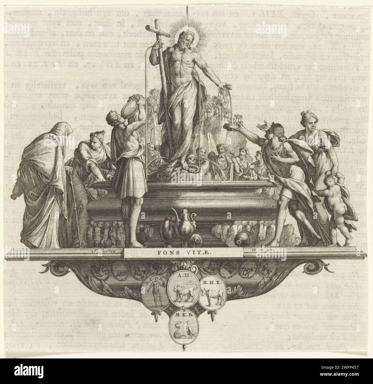 Emblem: Fontein, Jan Goeree, 1722 Christus auf einem Brunnen. Sein Blut fließt in den Brunnen. Er ist die Quelle des Lebens (Fons Vitae), in der die Menschheit verschwenderisch wird. Druckerei: Amsterdampublisher: Amsterdampublisher: Dordrecht Papierstich 'Fons vitae', 'Fons pithitis' Christus steht auf oder in der Nähe eines Gründers und vergießt sein Blut Stockfoto