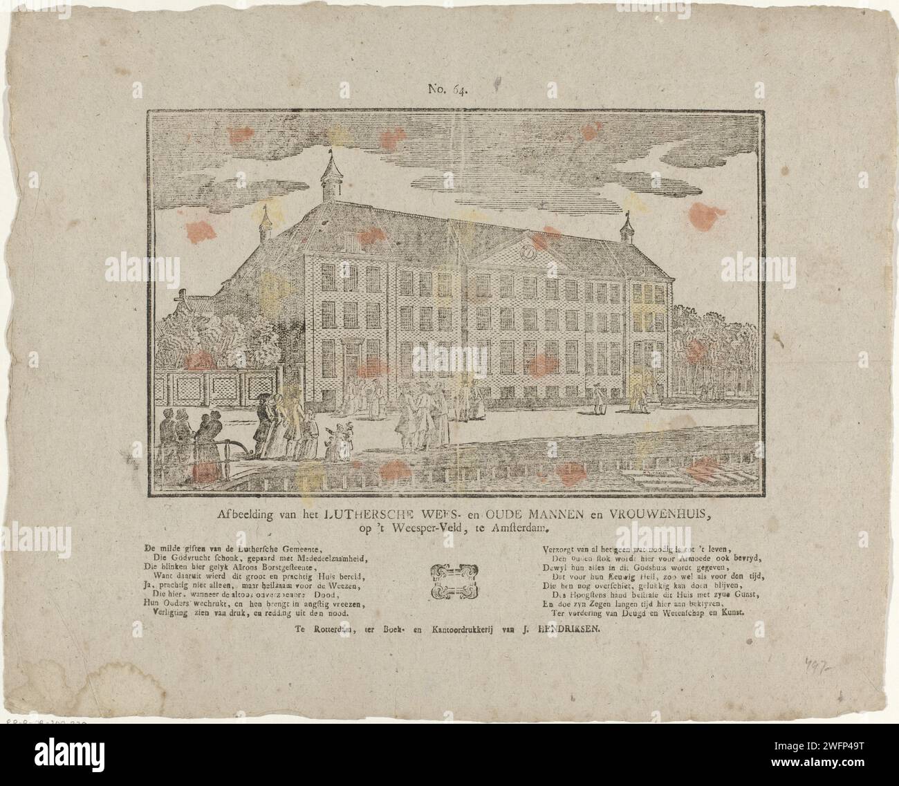 Bild der lutherischen Waisen und alten Männer- und Frauenhaus, / auf 't Weesper-Veld, in Amsterdam, Hermanus Numan, 1781-1828, Druck Blatt mit einer großen Darstellung des lutherischen Diakoniehuis auf 't Weesperveld in Amsterdam. Am unteren Rand eine sechzehnzeilige Verse in zwei Spalten. In der Mitte nummeriert: Nr. 64. Druckerei: Amsterdamprint Maker: AmsterdamPublisher: Rotterdam Papier Buchdruck Waisenhaus Weesperveld. Lutherischer Diakoniehuis Stockfoto