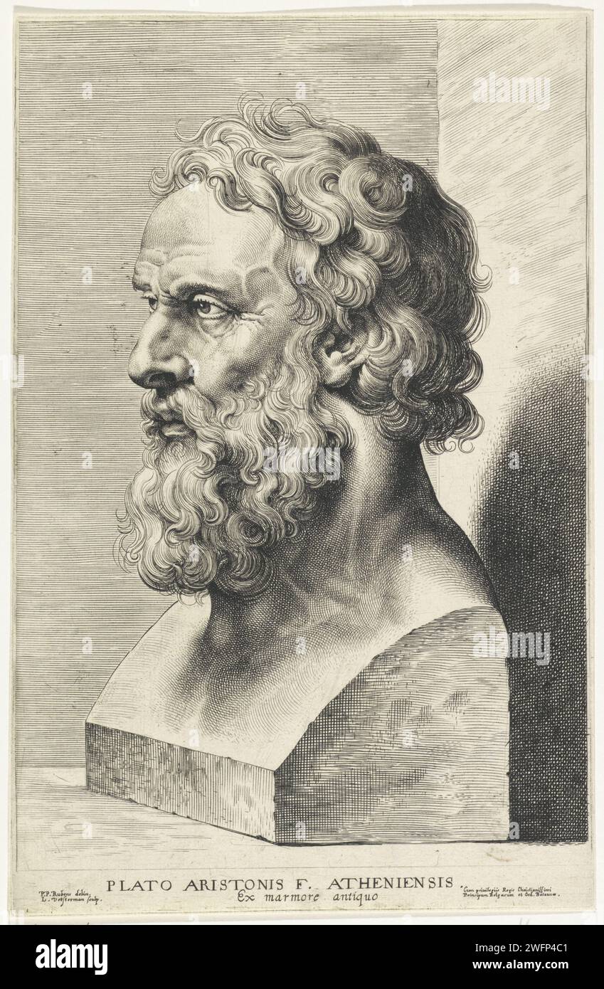 Buste van Plato, Lucas Vorsterman (I), nach Peter Paul Rubens, nach Anonym, 1630–1638 Druckbüste von Platon. Druck aus einer Serie von zwölf Drucken mit antiken Büsten, von denen vier von Lucas Vorsterman I. und acht von Boëtius Adamsz stammen. Bolswert. Antwerpener Papierstich männlicher Personen aus der Klassischen Geschichte (PLATO). Skulptur, Reproduktion einer Skulptur Stockfoto