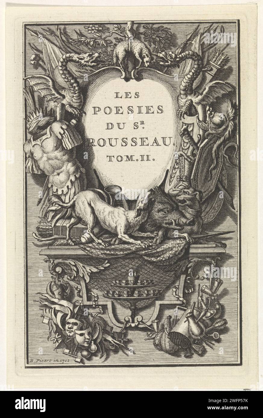 Titelseite für: J.B. Rousseau, Les oeuvres, 1712, Bernard Picart (Werkstatt), nach Bernard Picart, 1712 Druck überschwänglich dekorierter Rahmen mit dem Titel in französischer Sprache. Die Kartusche wurde mit dem Anhänger des Ordens vom Goldenen Vlies ausgezeichnet. Amsterdamer Papierätzung / Gravur Trophäe, d. h.: Dekorative Anordnung symbolischer oder typischer Objekte  Ornament. Ornament  Kartusche. Ritterorden des Goldenen Vlies Stockfoto