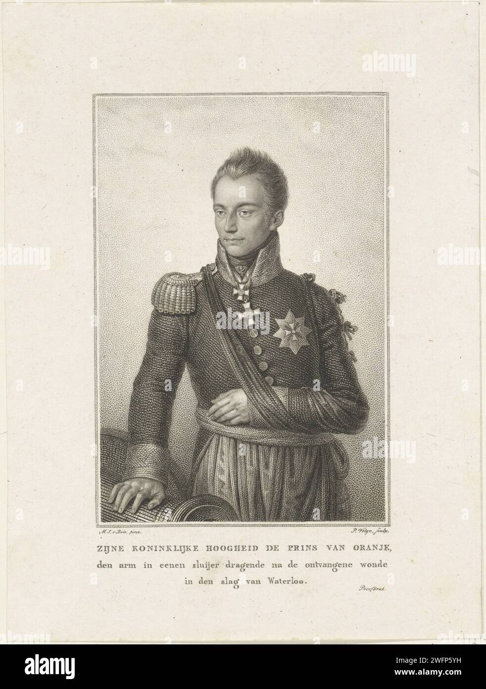 Porträt von Willem II., König der Niederlande, Philippus Velijn, nach Mattheus Ignatius van Bree, 1815–1836 Druck Porträt von Willem II Sein linker Arm wurde in der Schlacht von Waterloo am 18. Juni 1815 verletzt. Drei Zeilen niederländischer Text am unteren Rand. „Proef Pressure. Niederlande Papiergravur/Ätzung Stockfoto