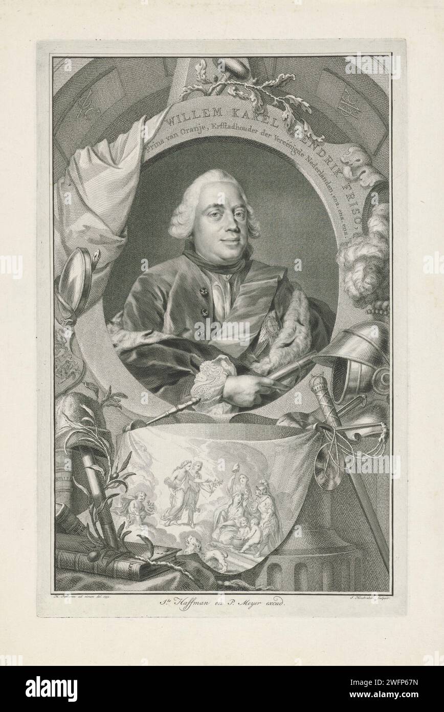 Porträt von Wilhelm IV., Prinz von Oranje-Nassau, Jacob Houbraken, nach Hendrik Pothoven, 1751 Druck Porträt von Wilhelm IV., Prinz von Oranje-Nassau, umgeben von friedlichen Attributen wie Olivenzweigen und Hass auf Freiheit. Es gibt auch Attribute der Wahrheit (der Spiegel) und der Justiz (die Balance) um das Porträt. Unter dem Porträt eine allegorische Darstellung auf einem Tuch über dem Frieden. Amsterdamer Papierätzung/Gravur Stockfoto