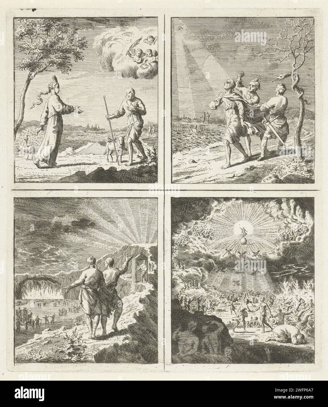 Stolz und christliche Demut / Mann von der Welt angegriffen / Breite und enge Straße / Letztes Gericht, Cornelis van Noorde, in oder vor 1767 drucken vier Aufführungen. Oben links: Ein Gläubiger geht auf einer Straße zusammen mit einem Lamm, das ein Kreuz trägt, das Symbol für Christus. Er wendet sich demütig vom Stolz ab, der ihn erreichen will. Oben rechts: Eine Person steht vor der Wahl zwischen gut und Böse. Das Auge Gottes schaut auf ihn herunter und erleuchtet ihn, aber der Prinz der Welt zieht seinen Mantel und der Teufel ist wie eine Schlange im Baum. Unten links: Zwei Personen stehen vor der Wahl der Wahl Stockfoto