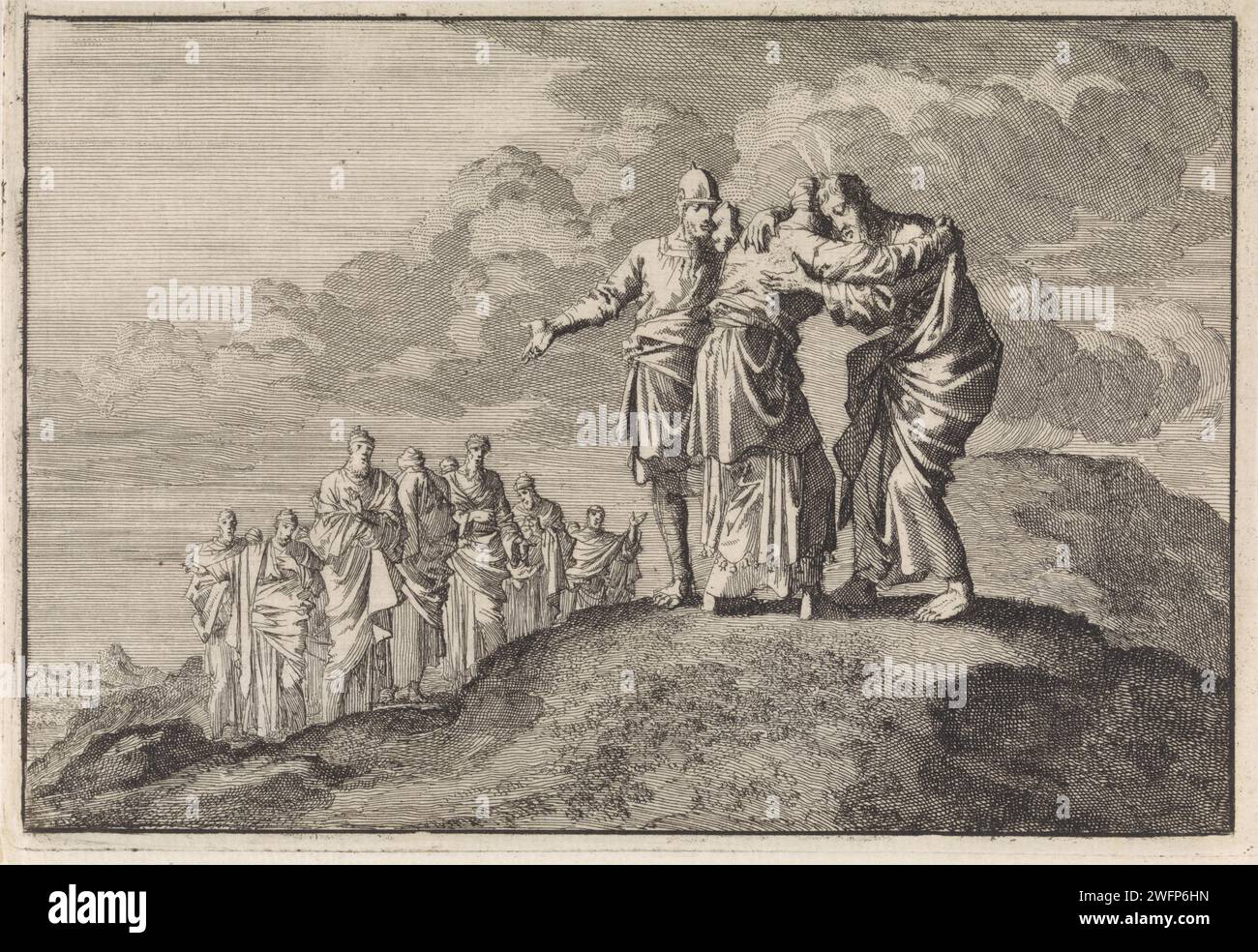 Mozes verabschiedet sich von Eleazar und Jozua, Jan Luyken, 1704 Druck Amsterdam Papier ätzend Deuteronomy: The Krönung Events of the Wanderings; Moses bereitet sich auf seinen Tod vor Stockfoto