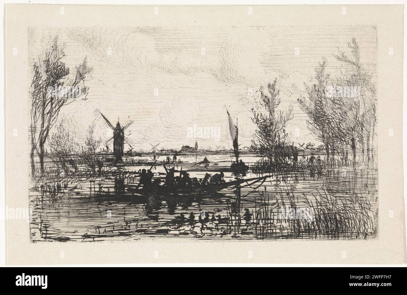 Hollands Landschap, Johannes Tavenraat, 1819 - 1881 Druck Landschaft mit einem Boot mit Passagieren im Vordergrund. Eine Mühle am Horizont. Cleves Papierätzmaschine Windmühle im Querformat. Ruderboot, Kanu usw. Stockfoto