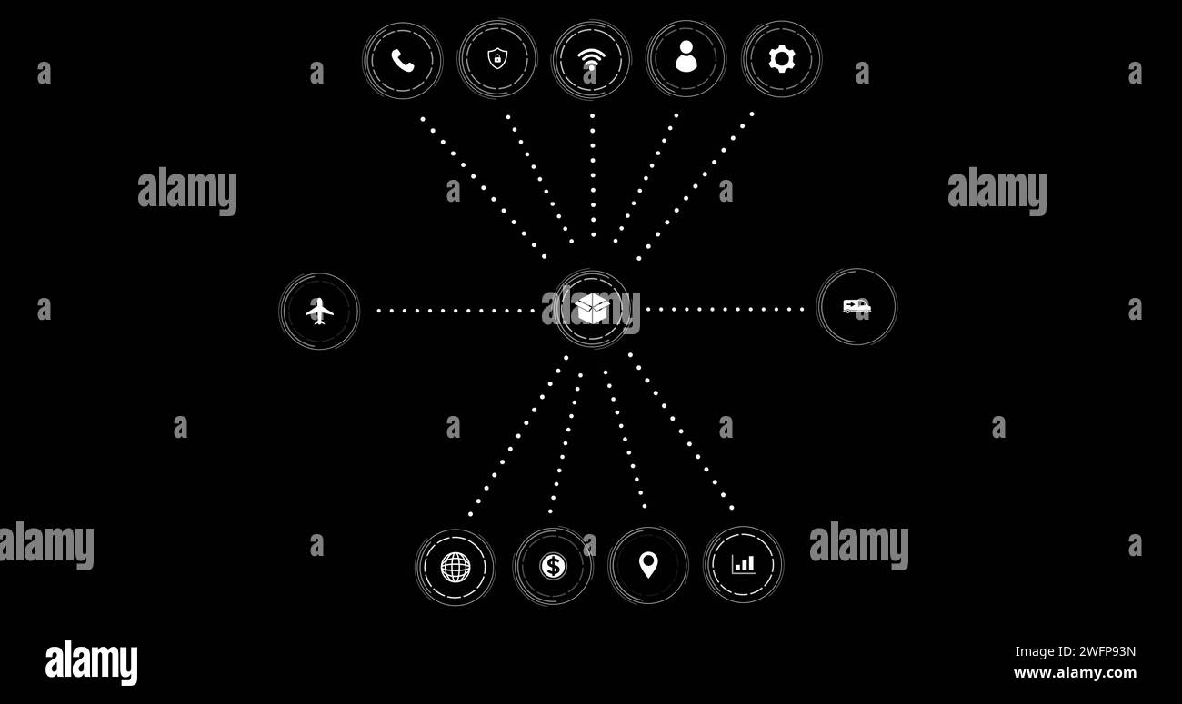 Abbildung von Symbolen mit Netzwerk von Verbindungen auf schwarzem Hintergrund Stockfoto