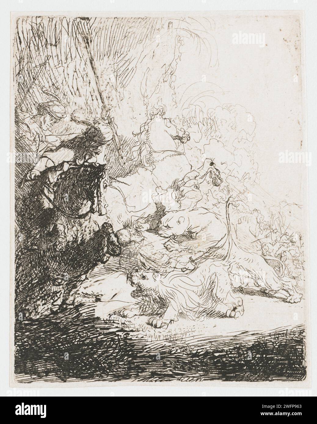 Die kleine Löwenjagd (mit zwei Löwen), Rembrandt van Rijn, ca. 1629 Druckpapier-Ätzlöwenjagd Stockfoto