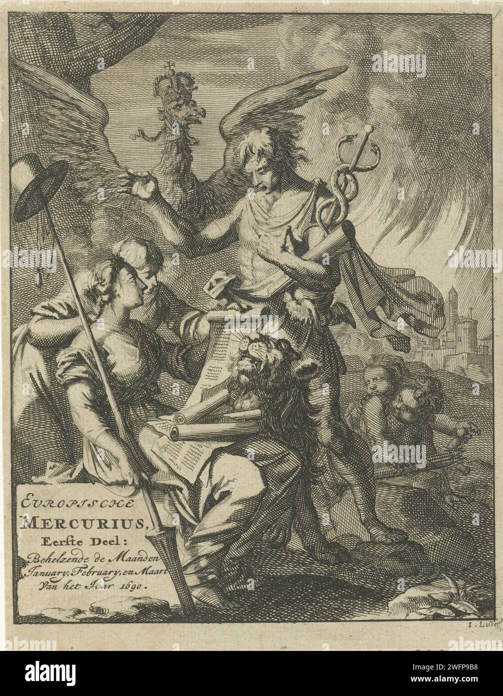 Quecksilber im Gespräch mit de Vrijvrijfsziend, Jan Luyken, 1690 Druck Amsterdam Papier ätzend (Geschichte von) Mercury (Hermes). Freiheit, Freiheit; „Libertà“ (Ripa) Stockfoto