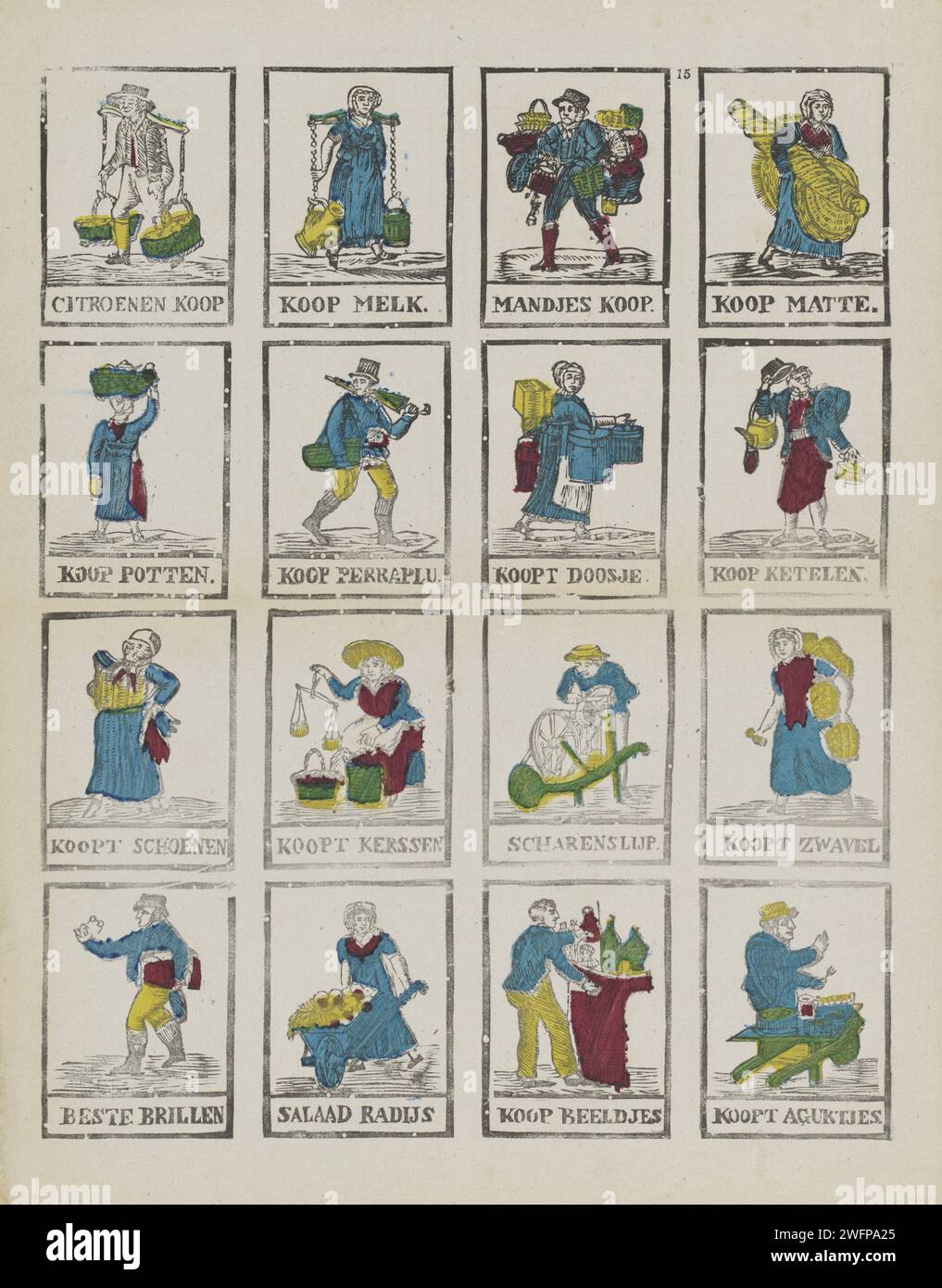 Street Sellers, 1848 - 1881 Print Leaf mit 16 Vorstellungen von Straßenverkäufern. Eine Beschriftung unter jedem Bild. Oben rechts nummeriert: 15. Herausgeber: Den Boscheprint Maker: Niederlande Paper Street-Trader. Händler, Verkäufer Stockfoto