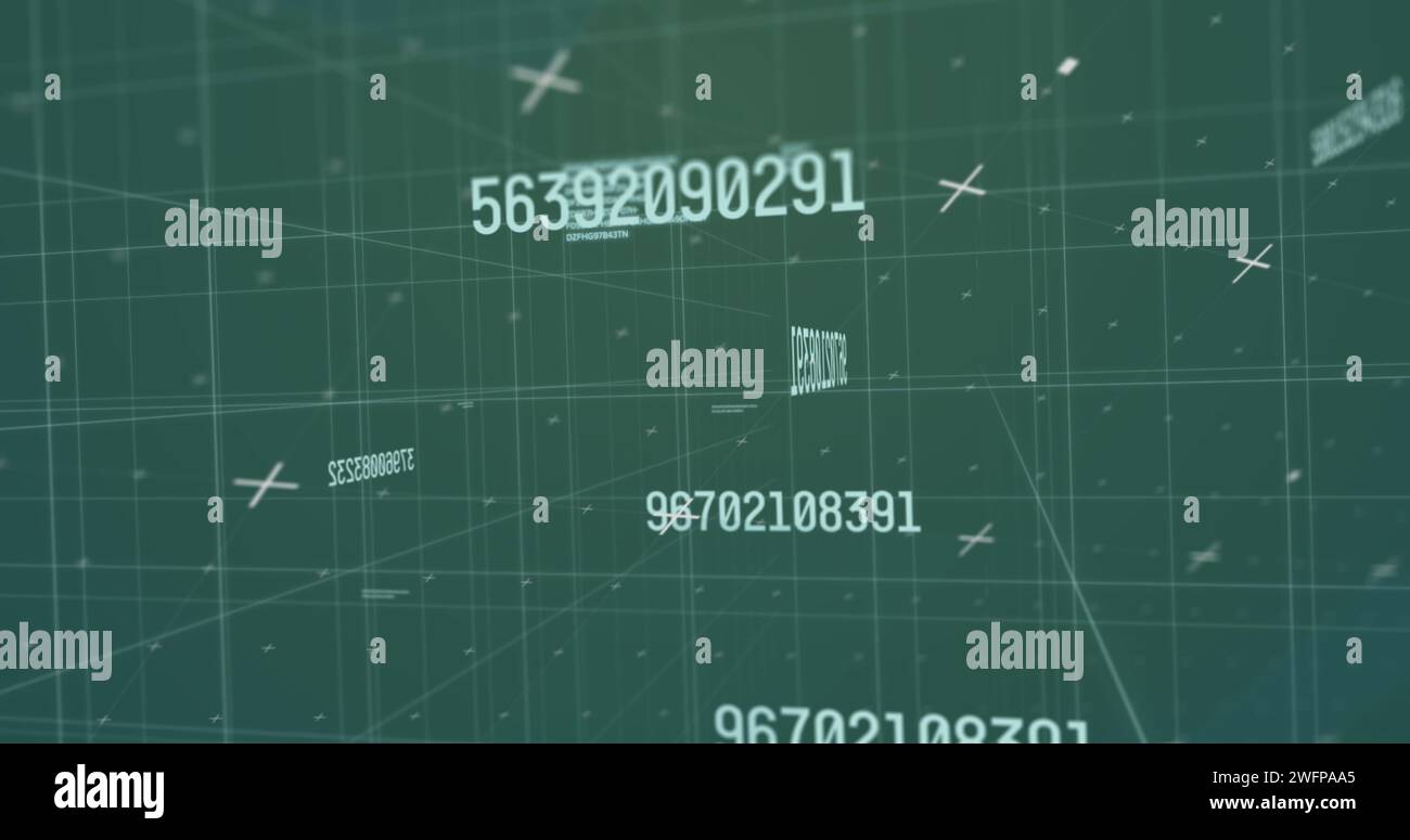 Bild der sich ändernden Zahlen und Datenverarbeitung über Raster auf grünem Hintergrund Stockfoto