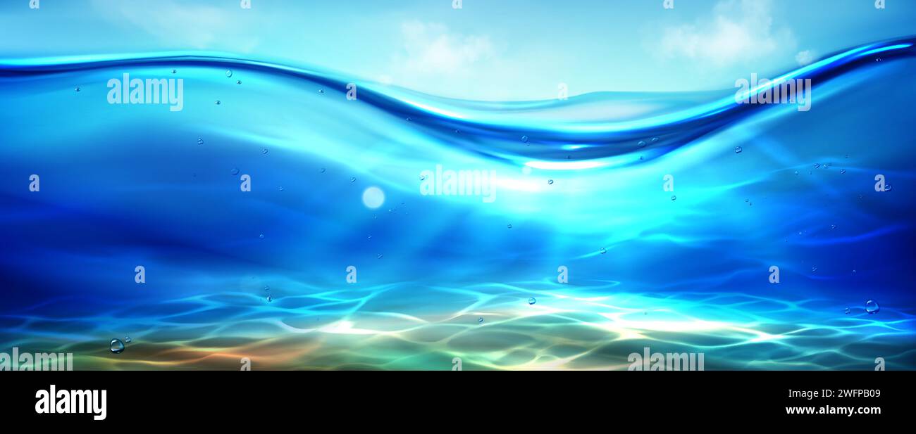 Blick auf das Meer unter blauem Himmel. Vektor-realistische Illustration des Unterwasserhintergrunds, Sonnenlichtstrahlen durchdringen Ozean, Fluss, Seewasser, Luftblasen in Aqua, Wasserlinie mit transparenten klaren Wellen Stock Vektor