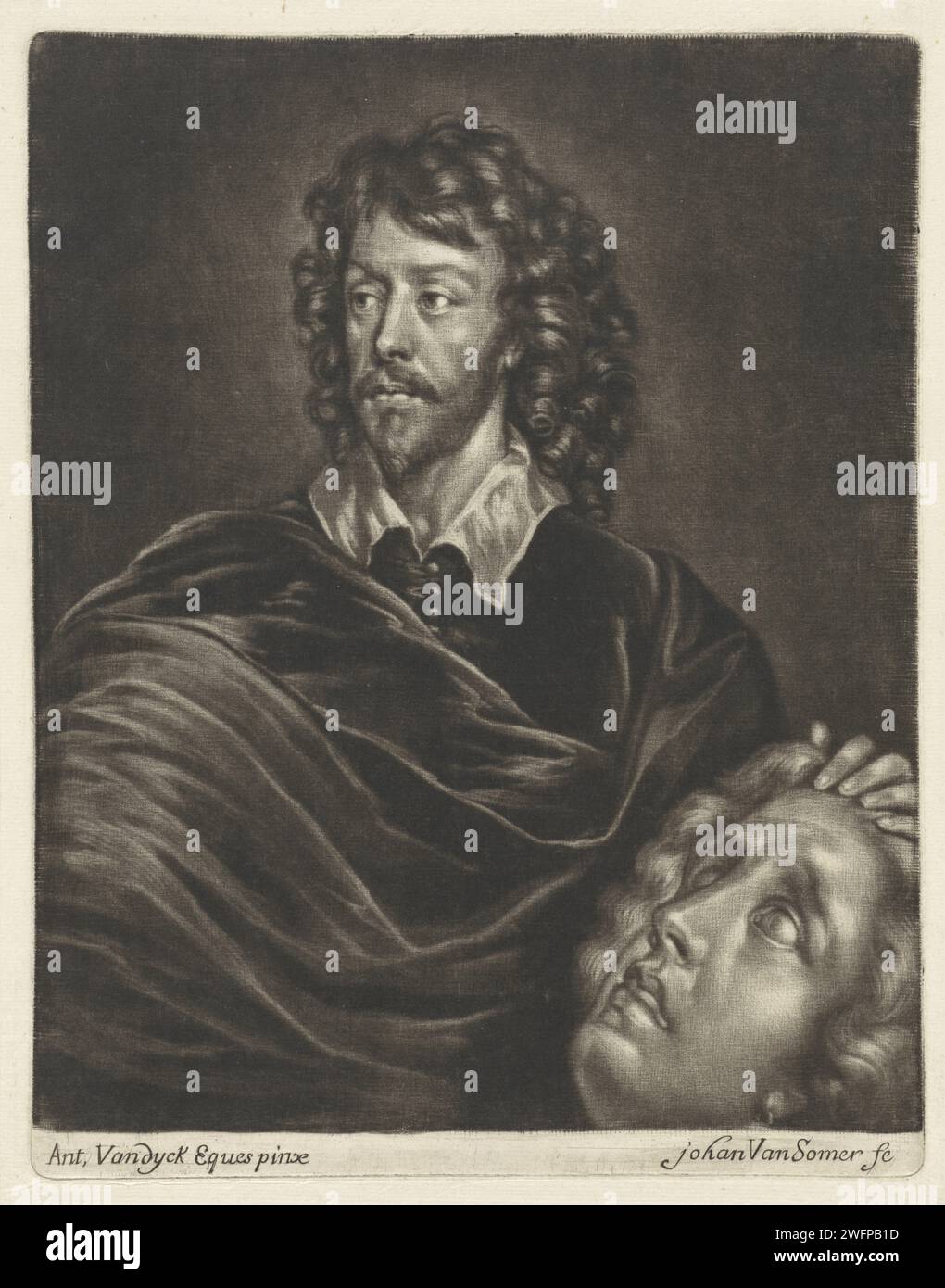 Porträt von Hubert Le Sueur, Jan van Somer, nach Anthony Van Dyck, 1655–1700 Druck des Bildhauers Hubert Le Sueur. Ein plastischer Kopf in seiner Hand. Papierporträt, Selbstporträt des Bildhauers Stockfoto