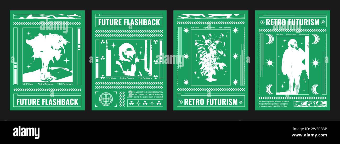 Designvorlage für Poster im y2k-Stil mit Bitmap-Bildern auf grünem Hintergrund. Set aus Bannerschablone in Cyber 2000er-Ästhetik mit säurehaltigen futuristischen Silhouettenelementen und Typografie im Retro-Look. Stock Vektor
