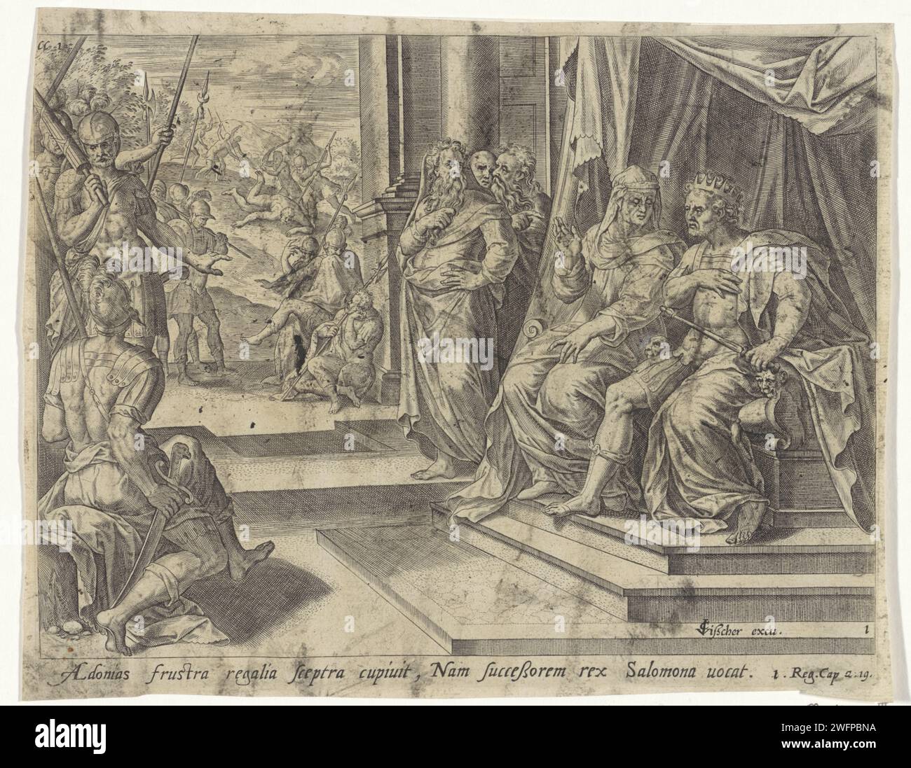 Batseba übergibt die Bitte Adonias an Salomon, Hans Collaert (I) (zugeschrieben), nach Jan Snellinck (i), 1643 Druck Batseba sitzt auf der rechten Hand ihres Sohnes, König Salomo, und überträgt ihm die Frage nach Salomons Bruder Adonia. Sie bittet Adonia um die Hand von Abisag. Salomon wird wütend und weist Adonia an, zu töten. Im Hintergrund wird Adonia mit einer Lanze durchbohrt. Unter der Show ist ein Hinweis auf den Bibeltext in 1 Kon in lateinischer Sprache zu sehen. 14:19 Uhr. An der oberen linken Markierung: CC1. Amsterdamer Papierstich Salomon und Bathsheba. Bathseba bringt Adonias Bitte an Salomo. Adoniah wird getötet Stockfoto