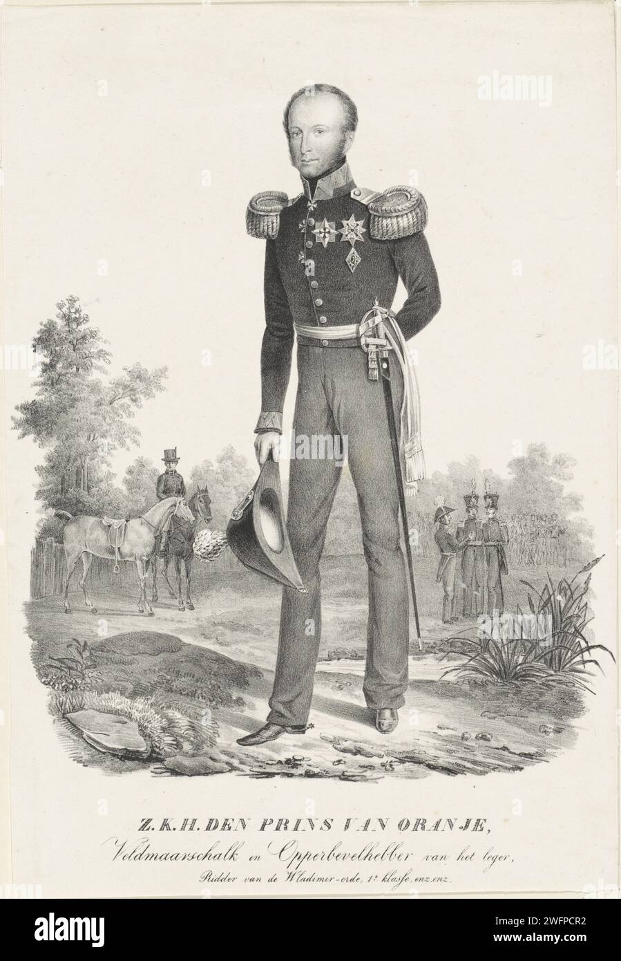 Porträt von Willem II., König der Niederlande, 1810–1899 Porträt von Willem II Sein Hut in seiner rechten Hand. Soldaten im Hintergrund. Am unteren Rand befinden sich Titel. Papier für niedrige Länder Stockfoto