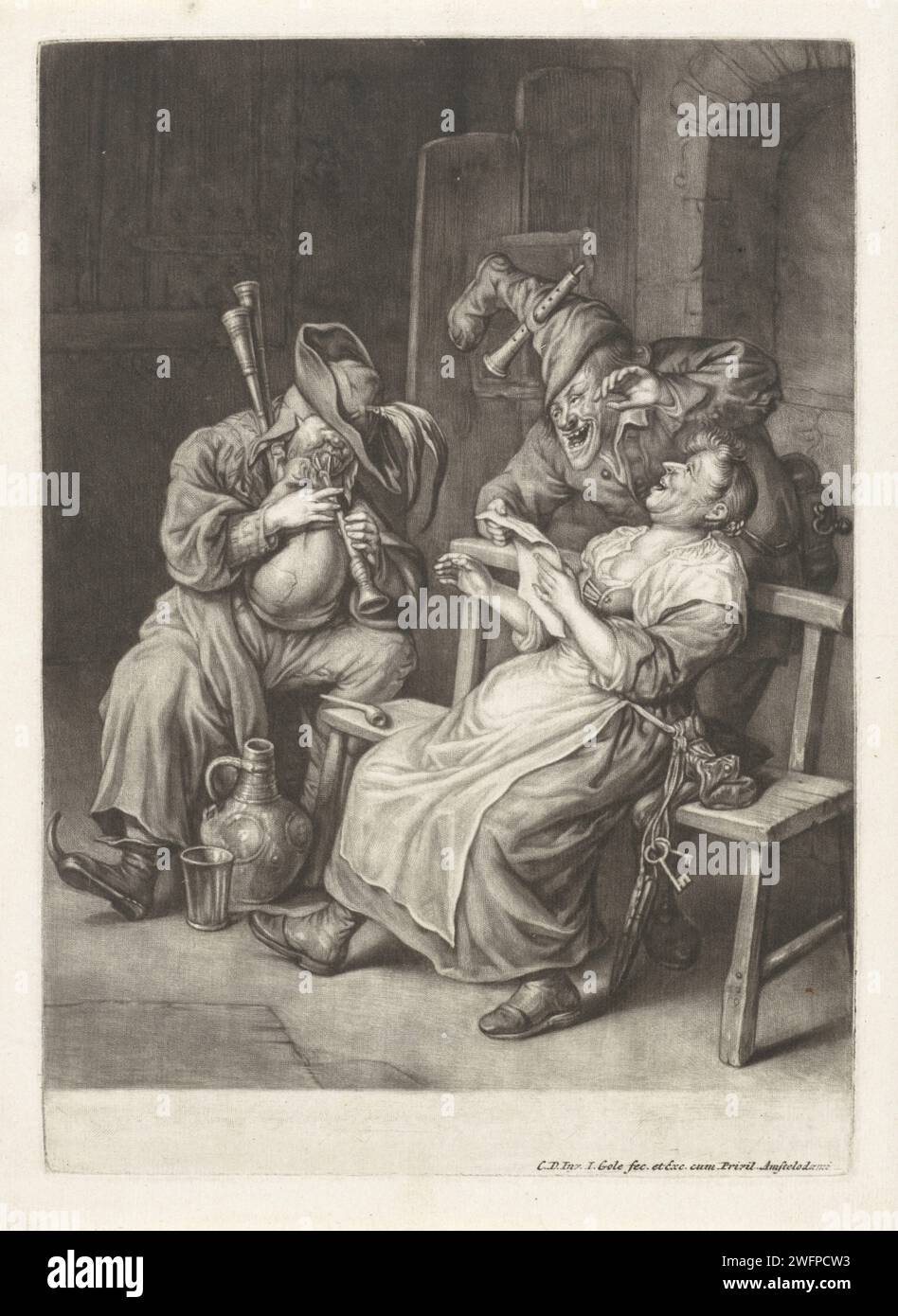 Die Anhörung, Jacob Gole, nach Cornelis DuSart, 1670–1724 drucken Einen Dudelsackspieler und ein singender Mann und eine Frau musizieren zusammen. Der Mann hat einen umgedrehten Stiefel auf dem Kopf. Der Ausdruck ist Teil einer Serie von fünf Abzügen mit den fünf Sinnen. Druckerei: Amsterdamafter Druck von: Haarlempublisher: Amsterdam Papiergravur Hören, Hören (einer der fünf Sinne). Dudelsack, Musette. Musiker, die Sänger begleiten. Dudelsack, Musette - CC - draußen Stockfoto