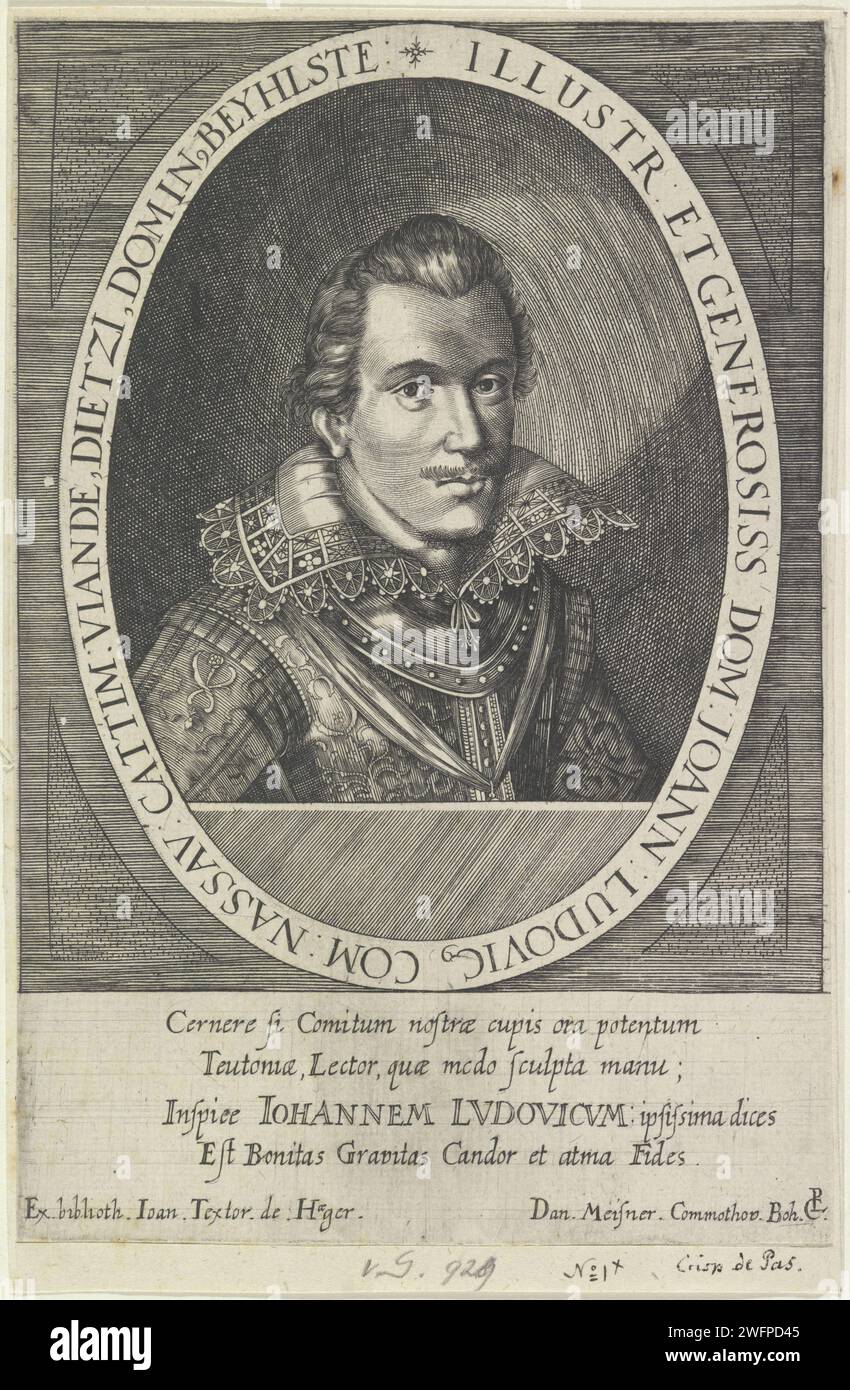 Porträt von Johan Lodewijk, Graf von Nassau-Hadamar, 1610–1637 Druck Porträt von Johan Lodewijk in einem Oval mit Rand. Vier Zeilen lateinischer Text am unteren Rand. Utrecht Papiergravur/Ätzung Stockfoto